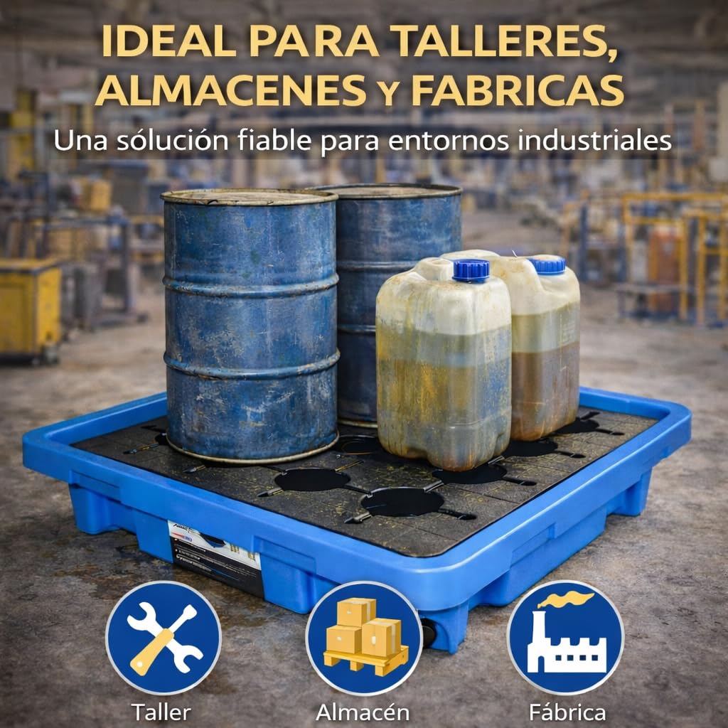 Bandeja Recogegotas 42 litros con Rejilla – Cubeta Antiderrames de Polietileno Resistente a Químicos y UV – Plataforma de Retención para Bidones, Taller, Almacén e Industria – 300 kg Carga