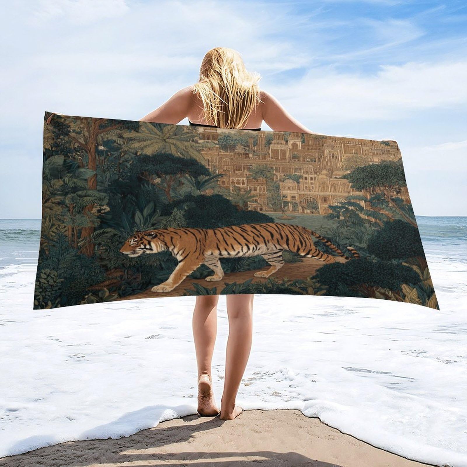 Luyysky Rustic Realistic Elegant Tiger Quick-Drying Beach Towel, Retro Beautiful Castle Tropical Plant Palm Tree Animal Birds Travel Vacation Single Sided Pile Bathroom Towels-80 W Cm X 160" L Cm