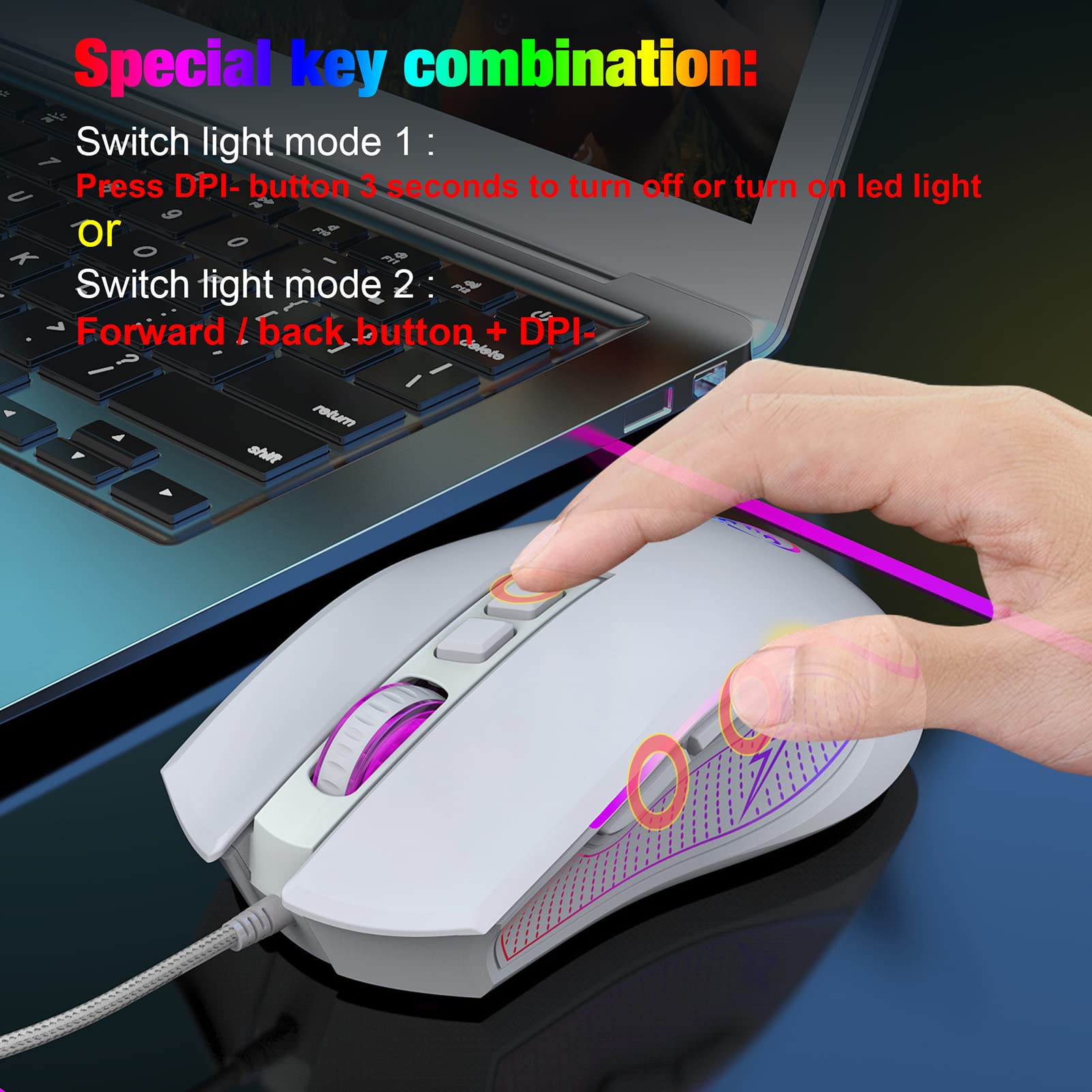 V700BW+X100 Kit tastiera e mouse per computer USB con retroilluminazione RGB cablata a 61 tasti + mouse da gioco cablato Illuminazione a LED colorata DPI a 4 livelli max.3600 DPI per PC portati