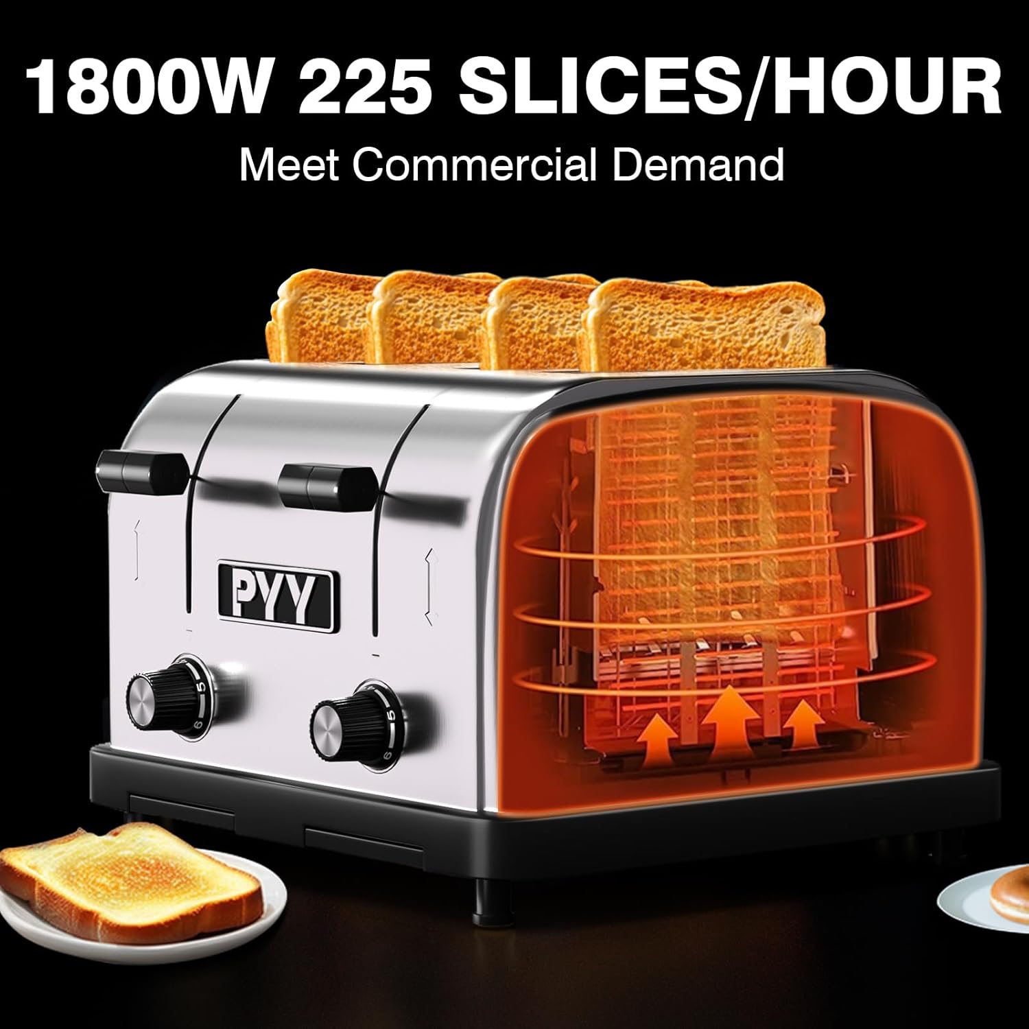 PYY Commercial Toaster 4 Slice for Restaurant - Wide Slots 1.57 inch Stainless Steel 6-Level Setting, with Removable Crumb Tray, 225 Slices/Hour 1800W - Bread, Bagels, Breakfast, Texas Toast