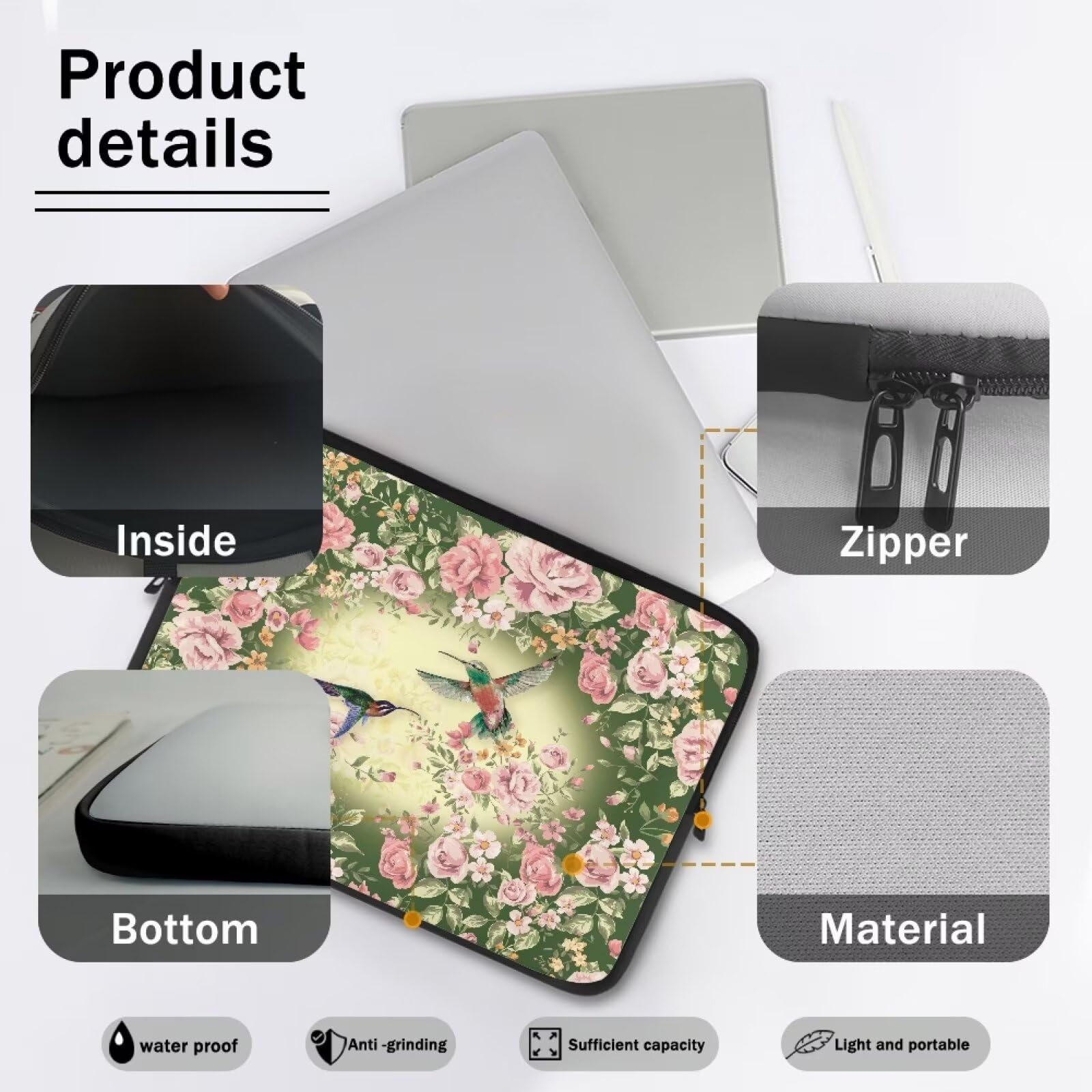 Funda protectora para ordenador portátil de 12 pulgadas con estampado de rosas rosas y colibríes con cremallera