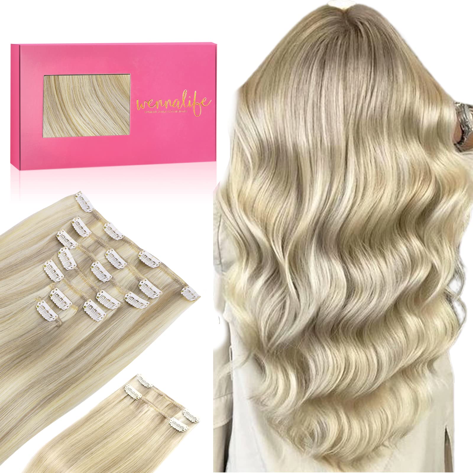 WENNALIFE Hair Extensions Clip In, 9pcs 24inch 150g Ash Blonde Highlighted Platinum Blonde Thicker Clip In Hair Extensions Real Human Hair Remy hair