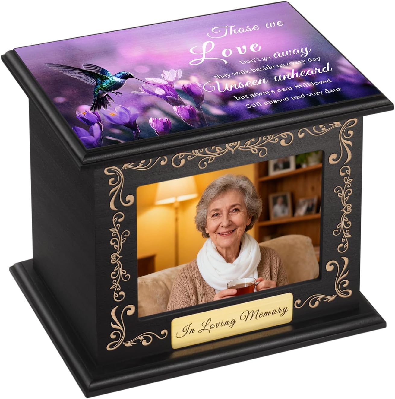 Cremation Urns for Human Ashes Adult Male Female, Hummingbird Memorial Urn with Picture Frame, Wooden Urns Box and Casket for Men Women, Large Funeral Urn for Adults Up to 200 IBS