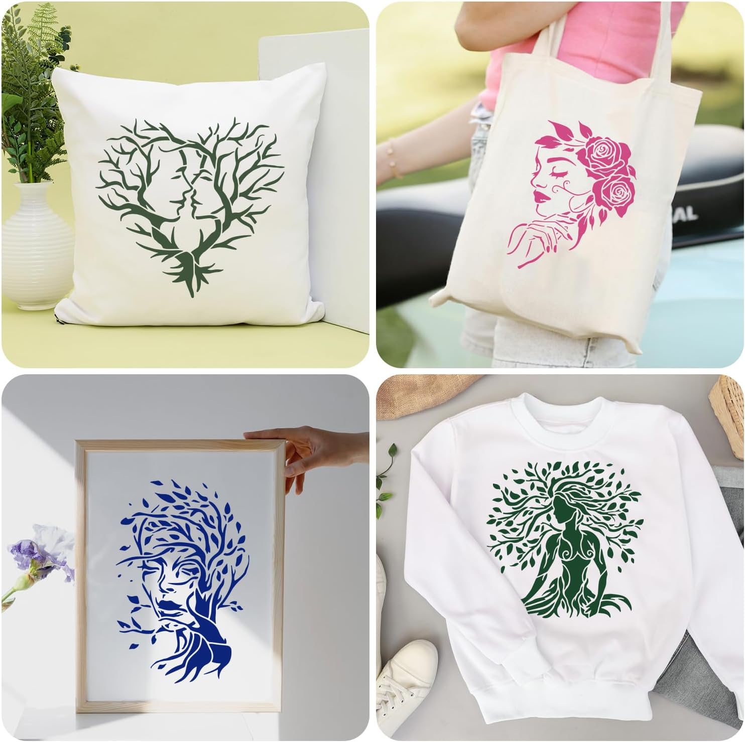 16PCS Large Woman Tree Stencils for Painting on Walls 12 x 12 Inch Giant Wall Stencil with Brushes and Binder Ring Branches Rose Flower Plastic Art Drawing Templates for Home Wall Decor