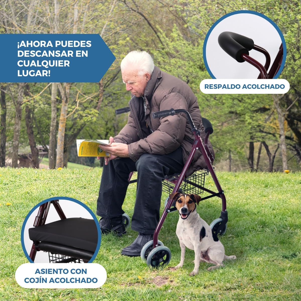 Mobiclinic, Andador con cojín viscoelástico, Prado plus, Frenos por presión, Aluminio, Plegable, Cesta, Asiento, Para sillas y andadores, Ancianos, Ligero, 4 ruedas, Burdeos
