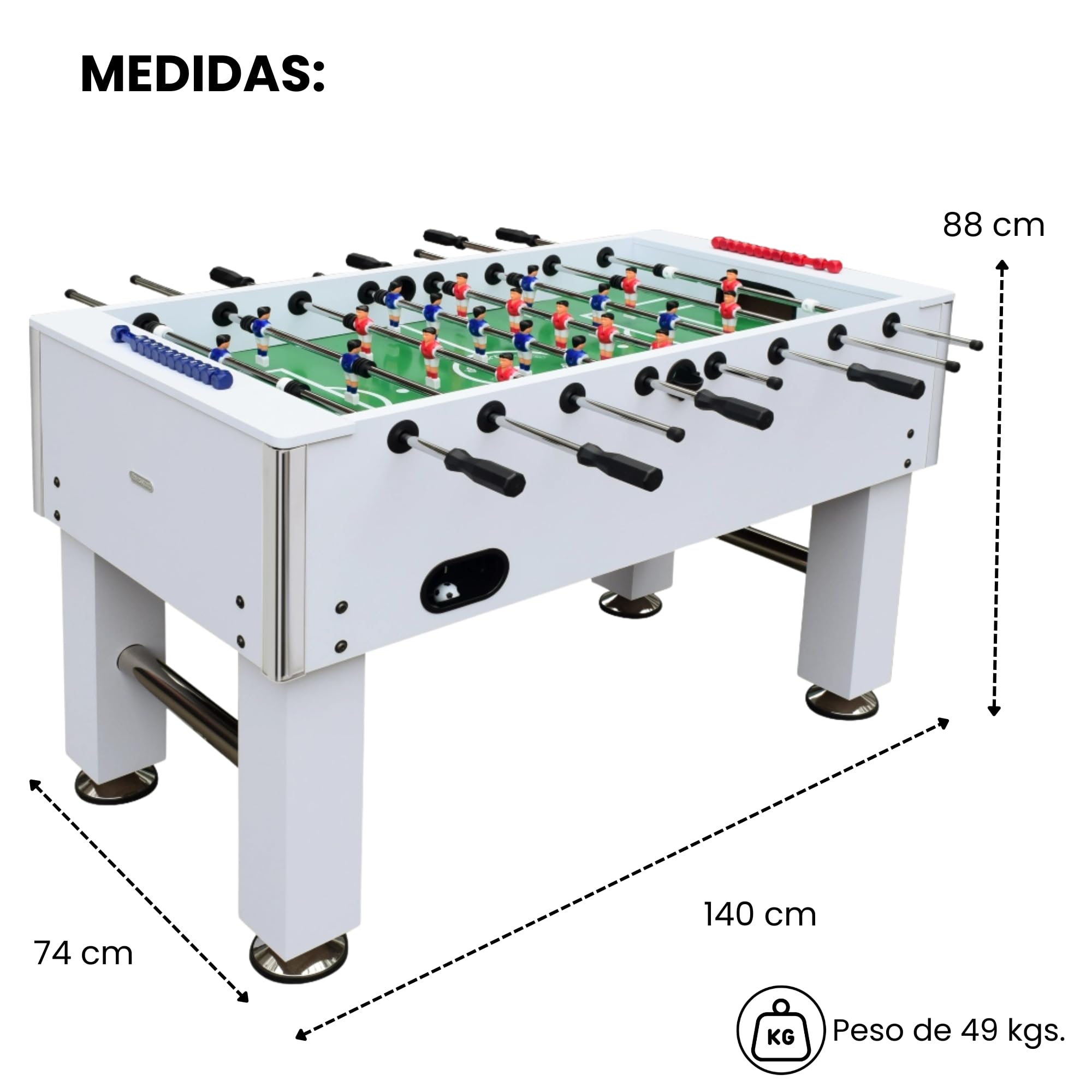 DEVESSPORT Futbolín Semi Profesional Salón Blanco con Retorno de Bolas| Jugadores de Piernas Separadas + Retorno de Bolas + 2 Pelotas Incluidas | Pack Futbolín Semi Profesional con Niveladores