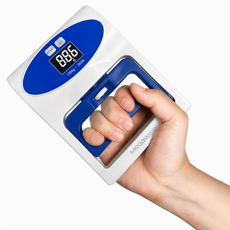 Dinamómetro de mano digital MEGAWISE, probador de fuerza de agarre de 265 lb | Espaciado de mango ajustable, pantalla LCD retroiluminada, unidades lb/kg, retención de resultados máximos y soporte para ejercicios de agarre isométrico.