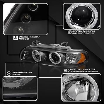 Autozensation Compatible with 1996-2003 BMW E39 5-Series All Without OE Xenon Headlights, Left + Right Pair Headlamps Assembly, LED Projector Headlights Black