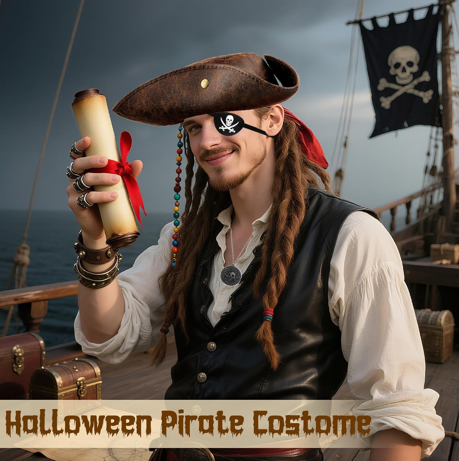 Pirate Hat Costome Accessories for Women Men - Faux Leather Pirate Hats for Woman, Eye Patch & Necklaces - Halloween Tricorn Hat Brown Vintage Wrinkle Distressed - Image 2