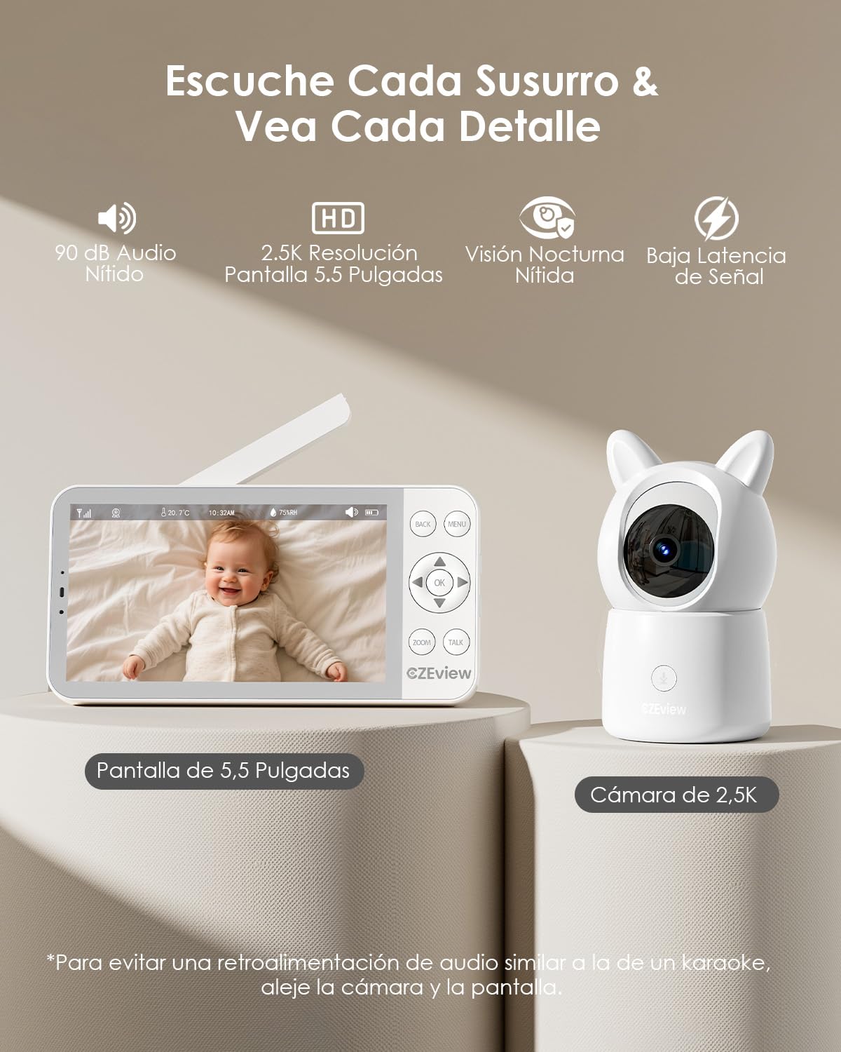 CZEview 2.5K 4MP Camara Vigilancia Bebe con App Movil, 5.5" IPS Gran Pantalla, 360°, Monitorización & Alertas en Tiempo Real, Visión Nocturna (Blanco) | pantalla súper clara, visión nocturna, audio bidireccional, cunas, sensor temp., 360° PIZ, APP, luz no