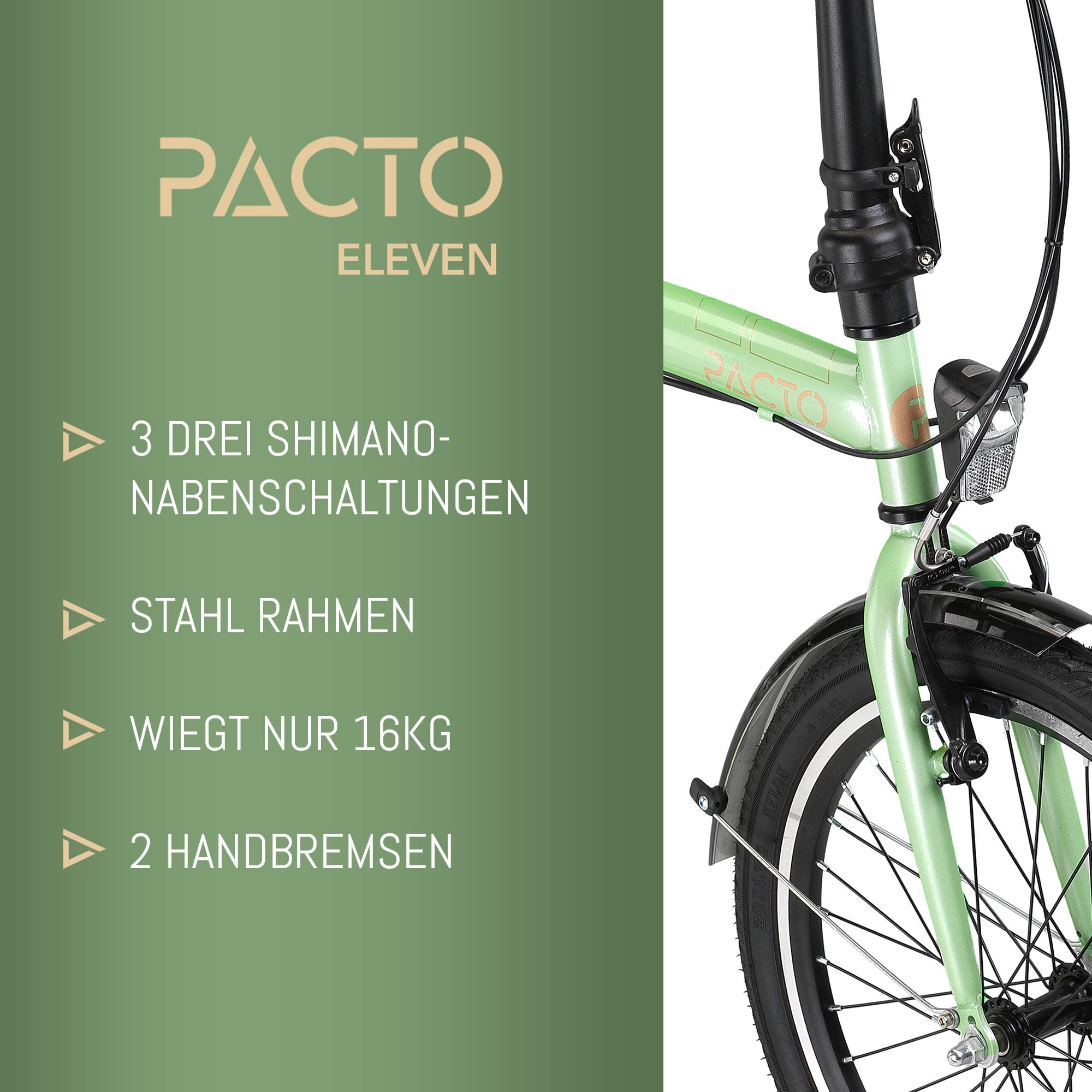 PACTO ELEVEN Bicicletta pieghevole di alta qualità 27 cm, telaio in acciaio, Nexus 3 velocità, bici da città pieghevole, facile da piegare in 10 secondi, bicicletta pieghevole a V-brake (menta)