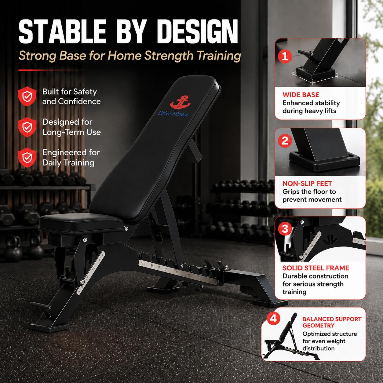 Adjustable Weight Bench, 1300 lb, 40 Positions for Home Gym | 10 backrest and 4 seat angles, heavy-duty steel frame for incline, flat, and dumbbell strength training