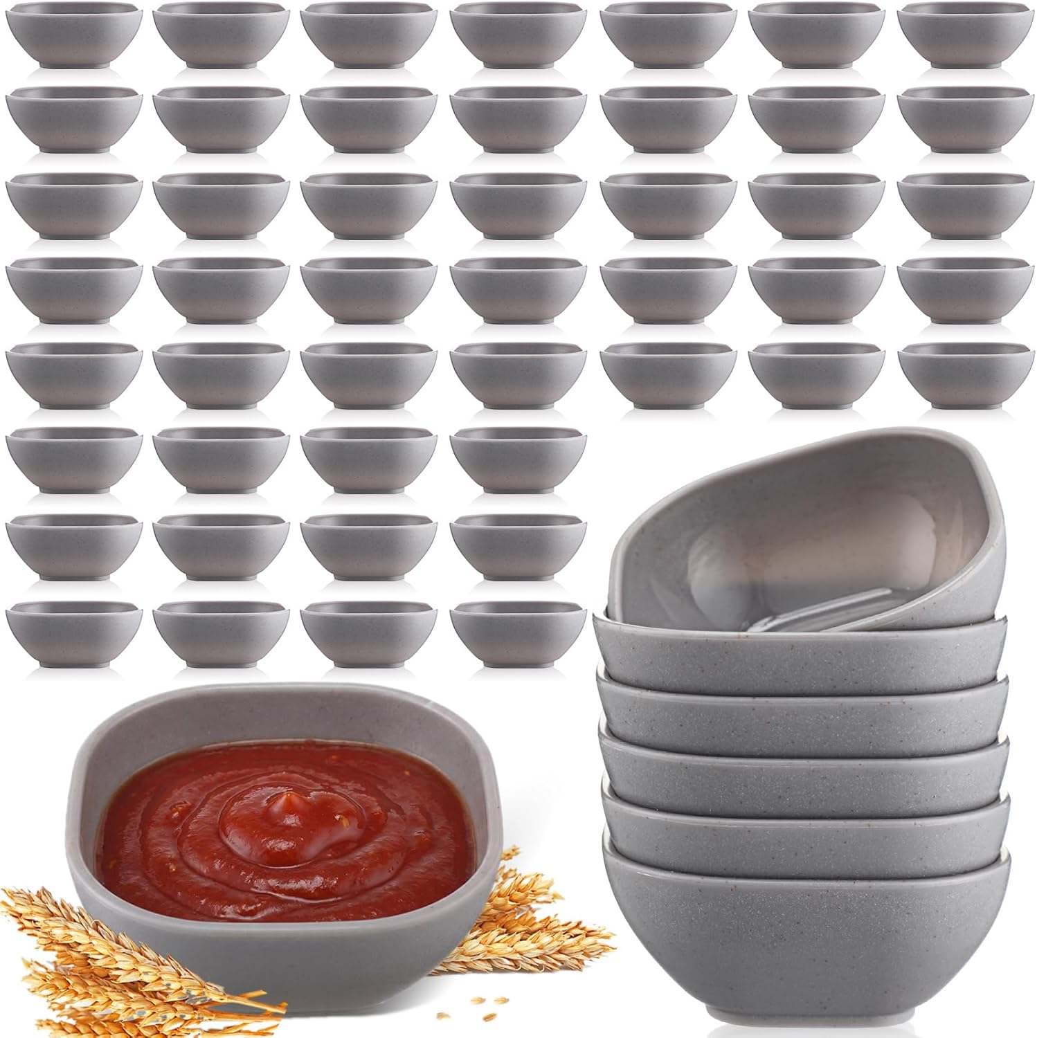 Gejoy 50 Pcs Wheat Straw Dipping Saucers Bowls 4.5 oz Unbreakable Small Soy Sauce Dishes Mini Prep Cups Dessert Snack Bowls Microwave Dishwasher Safe for Side Dish, Snacks, BBQ, Ketchup(Light Grey)