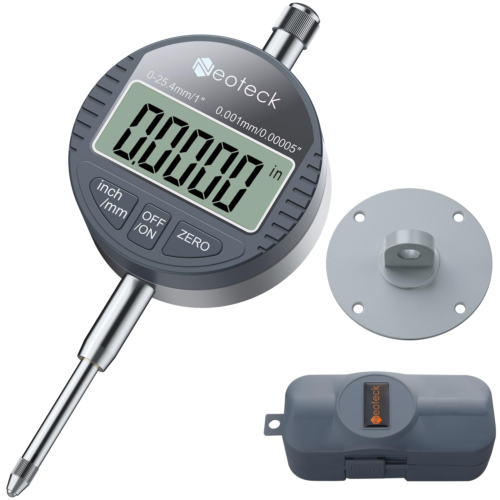 Neoteck 25.4mm/0.001mm Comparateur Numérique - Jauge de Précision Digitale à Affichage LCD Haute Résolution 0.00005" Conversion mm/pouce Zéro Instantané Outil de Mesure Électronique pour Atelier, Usin