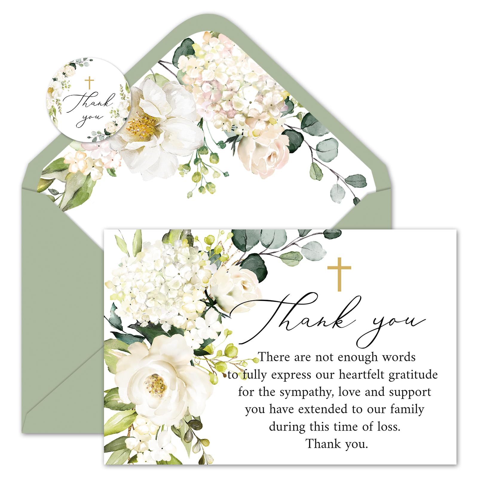 Whaline 48Pcs Funeral Thank You Cards Floral Sympathy Thank You Card with Stickers Envelopes White Flower Bereavement Card for Memorial Service Loved