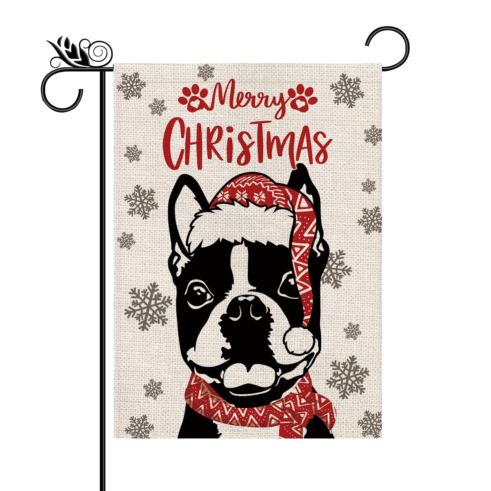 Christmas Garden Flag Hat Boston Terrier Dog with Scarf Xmas Winter Holiday Decorations Burlap Vertical Double Sided Yard Lawn Outdoor Decor 12.5 x 18 Inch