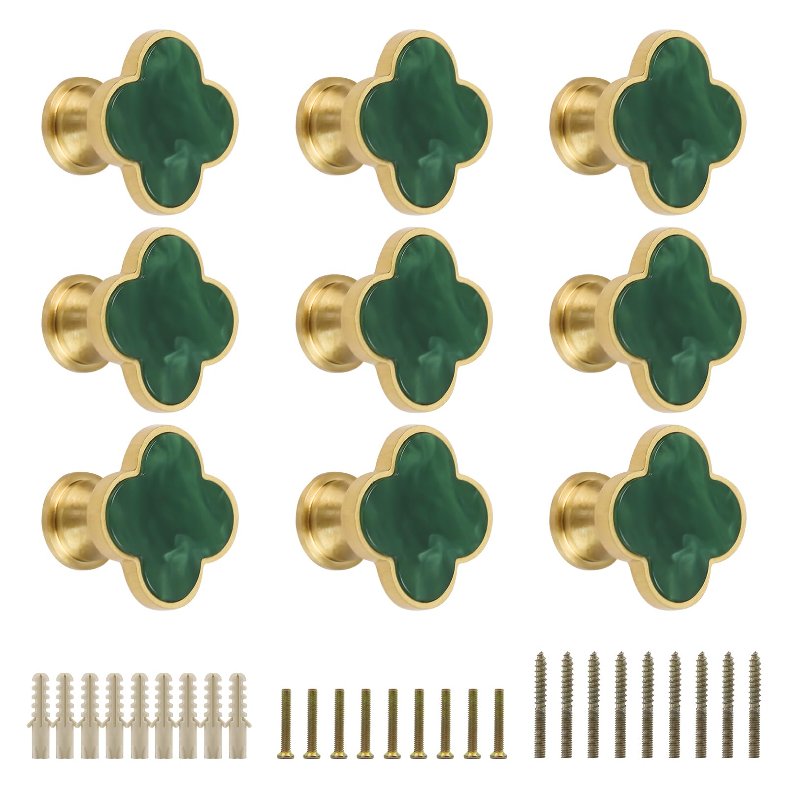 EVERGD 27mm Pure Copper Handle Shell Brass Gold Wardrobe Kitchen Cabinet Door Knobs Drawer Cupboard Hardware Pull Handle Clothes Coat Hook Modern Simple (9, Four-Leaf-Ink Green)