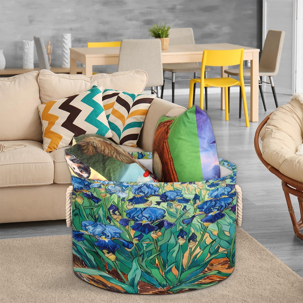 Large Round Laundry Basket Flower Blue Iris Toy Bins Organizers and Storage for Girls Canvas Collapsible Blanket Storage Basket Laundry Hamper Gift Baskets Bedroom Clothes Children Nursery