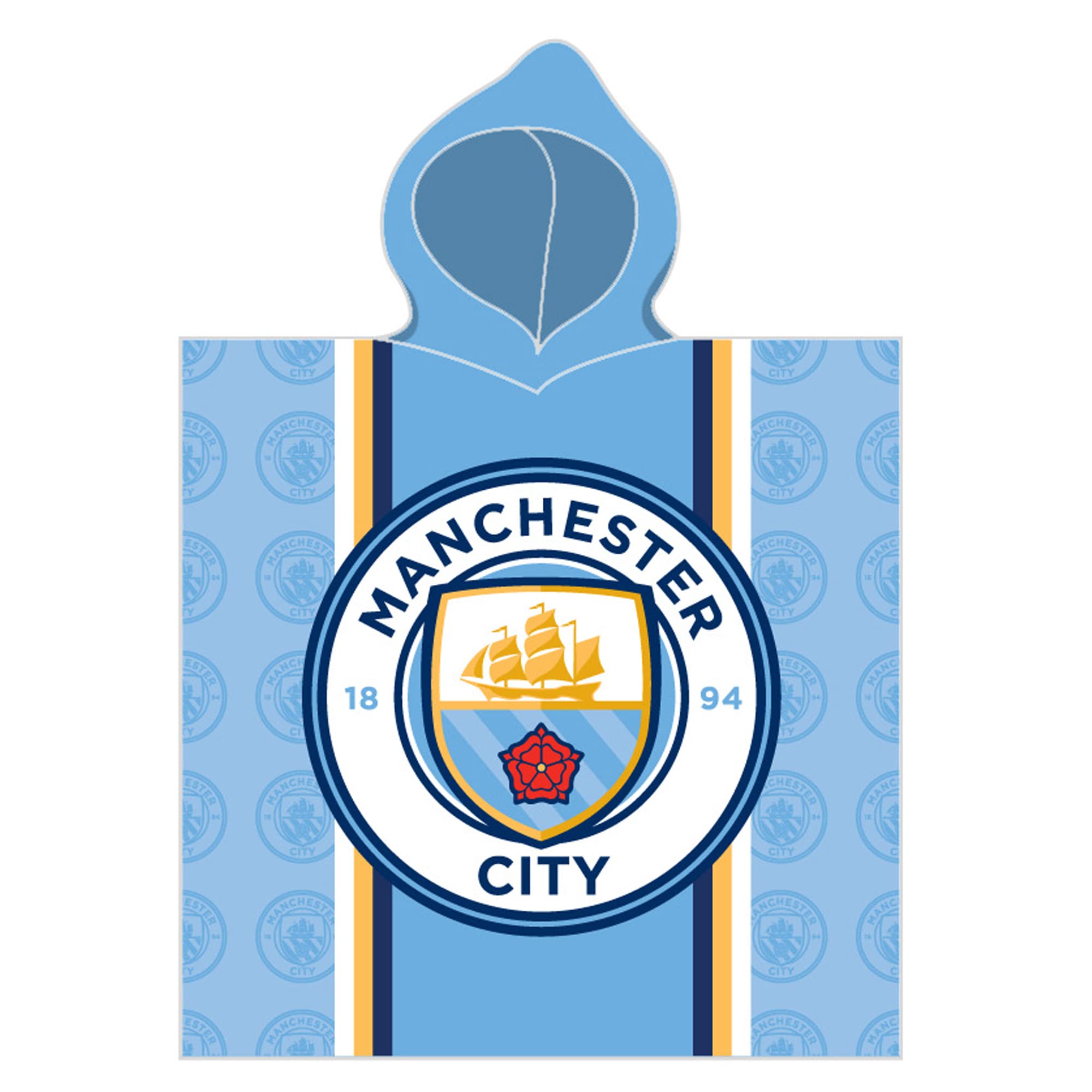 Manchester City Poncho de bain à capuche pour enfant avec logo - Bleu - 60 x 120 cm - 100 % coton - Qualité velours - Peignoir de bain - Paréo - Serviette de bain - Serviette de bain - Serviette de