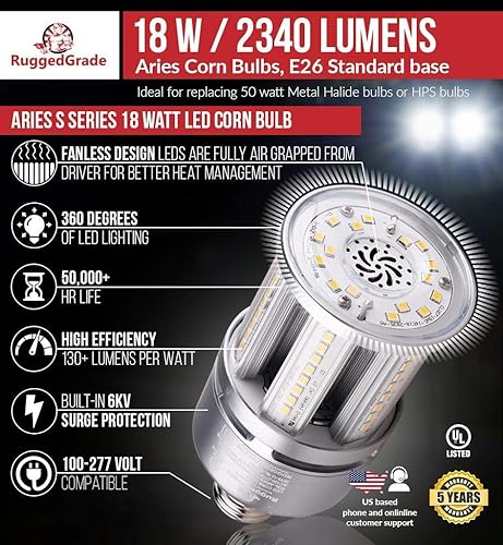 Miniatura 3 de Bombilla LED de maíz de 18 W, serie Aries S, 2,430 lúmenes, 3000 K, base estándar E26, sobretensión integrada de 6 KV