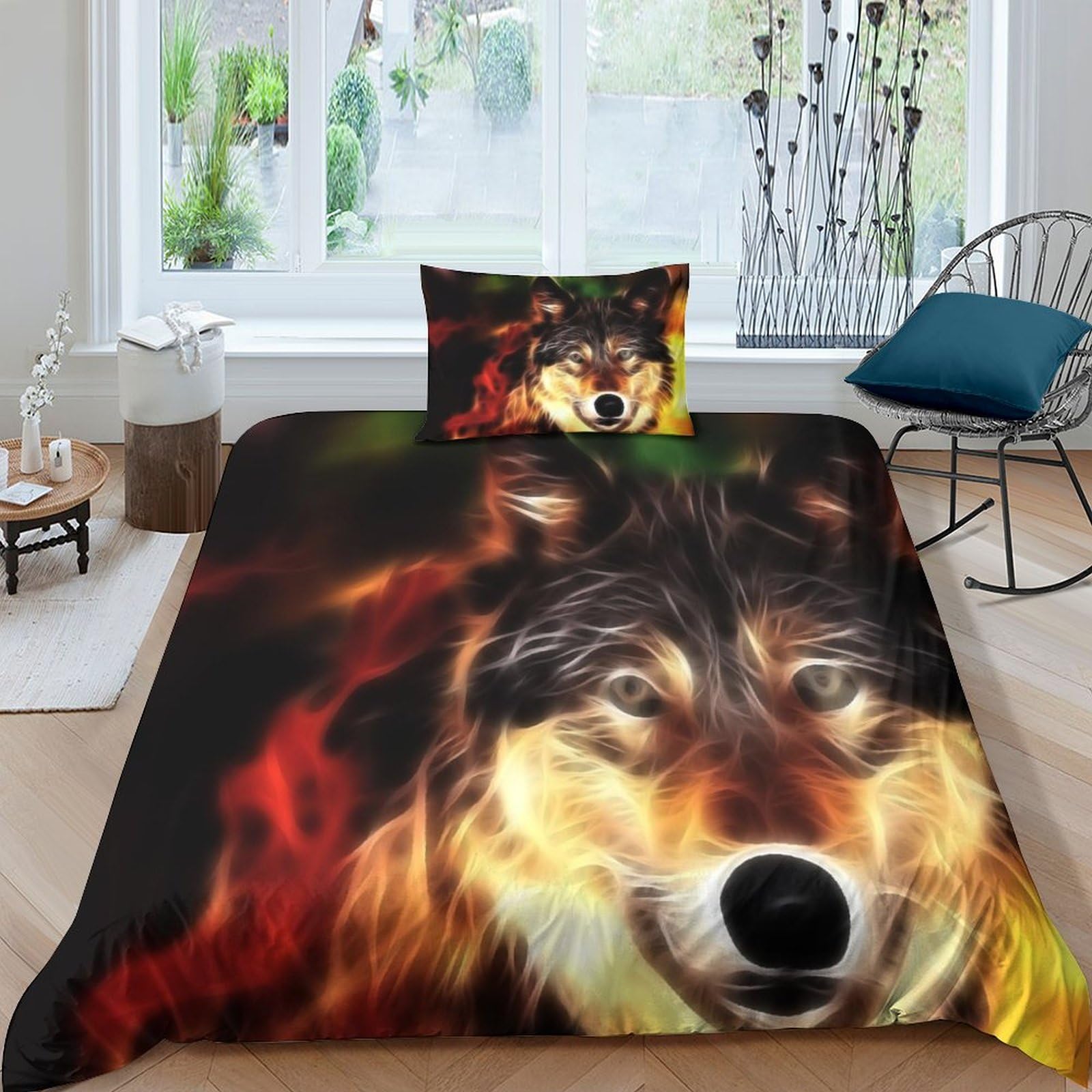Housse de couette loup de flamme 3D imprimé néon parure de lit 3 pièces single