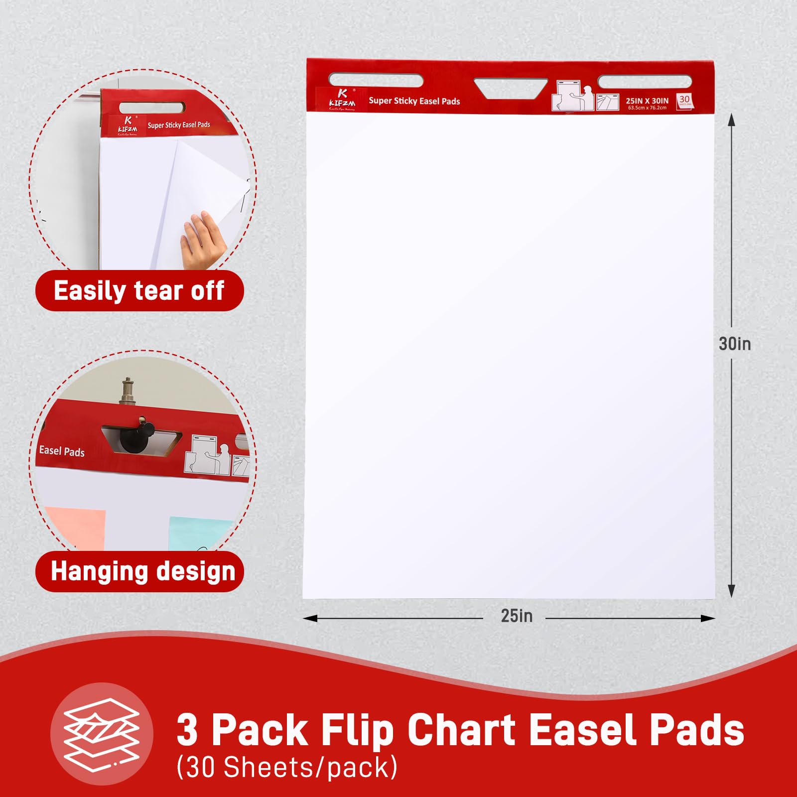 selbstklebende Staffelei-Block, 63,5 x 76,2 cm, großes Meeting-Diagrammpapier, 3 Blöcke, selbstklebendes Staffeleipapier für Whiteboard, weißes Klebediagrammpapier, 30 Blatt/Block