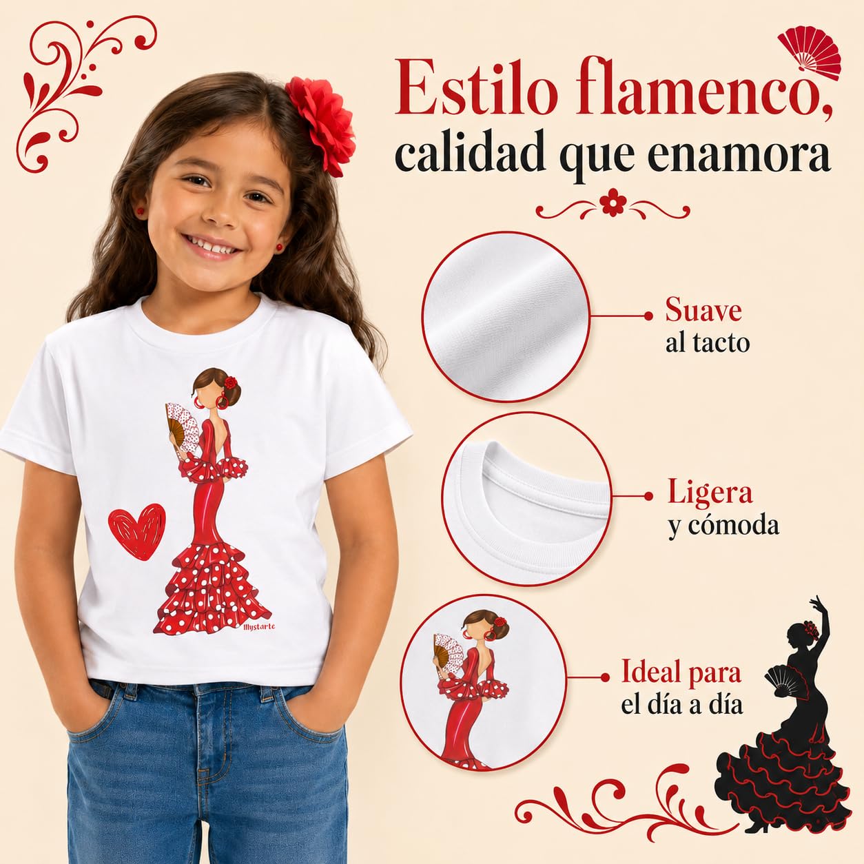 Camiseta Flamenca 100% algodón orgánico de Manga Corta para niña
