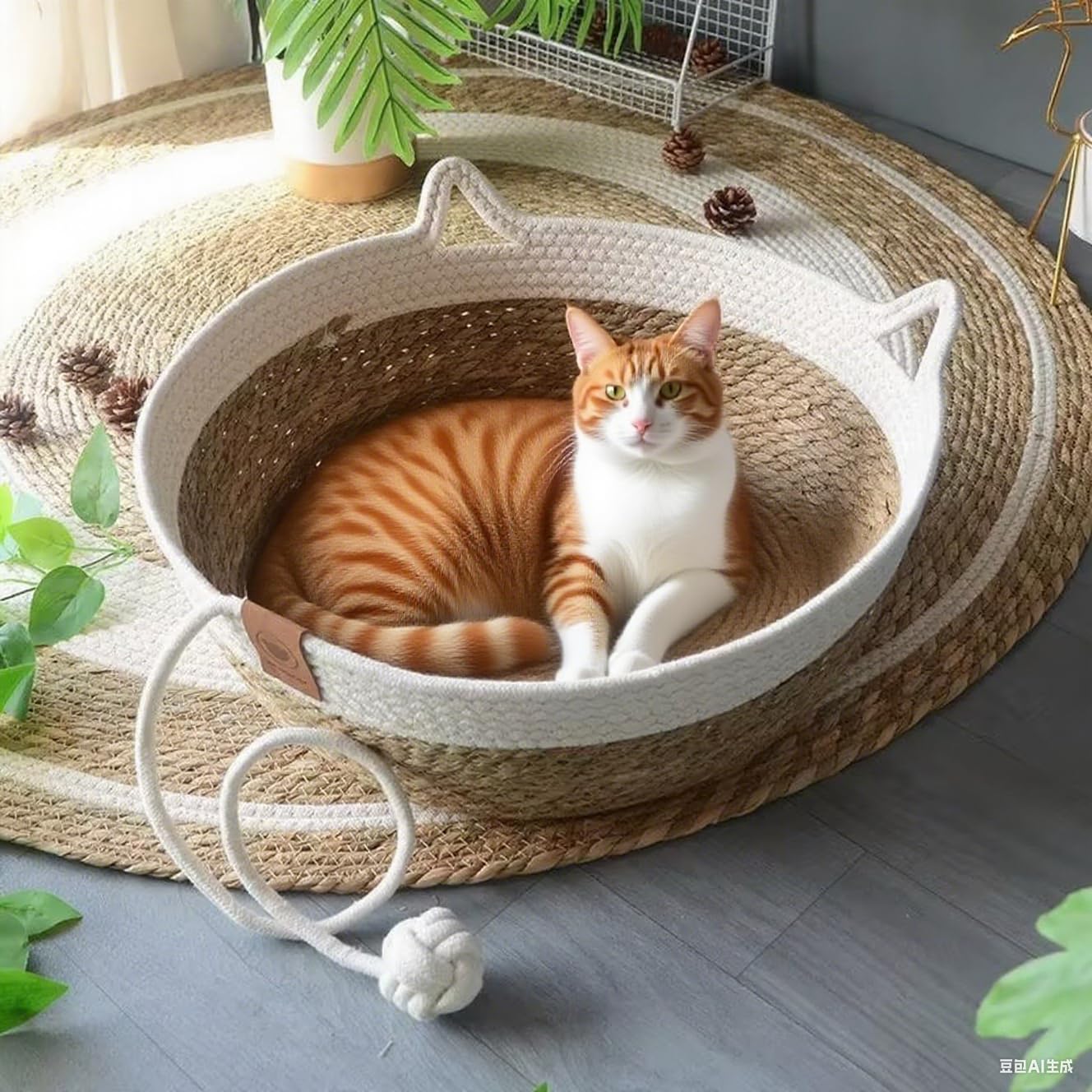 Rukuapid Cuty Cat Basket Bed, Wicker Kitten Basket with Toy Ball - Image 3