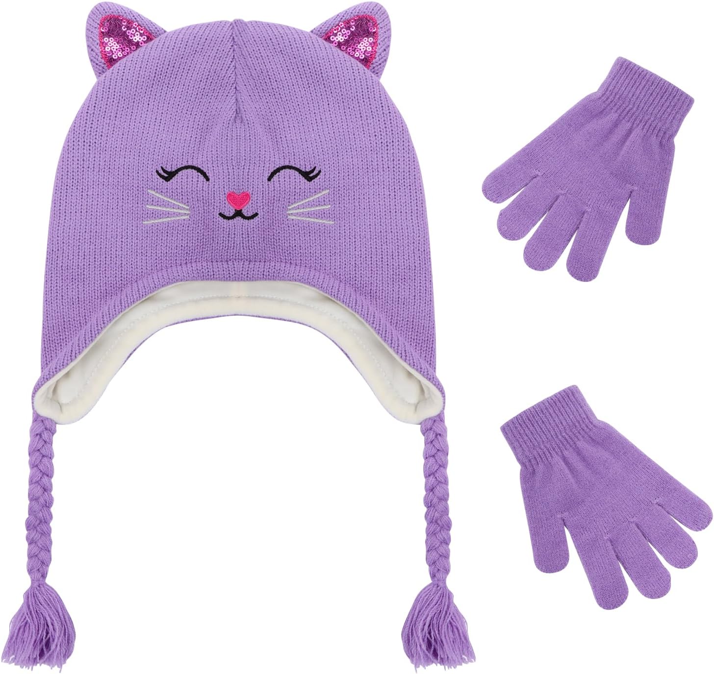 Girls Winter Cat Ear Beanie Hat and Gloves Set Kids Knitted Earflap Cap Mitten Set for Ages 3-7