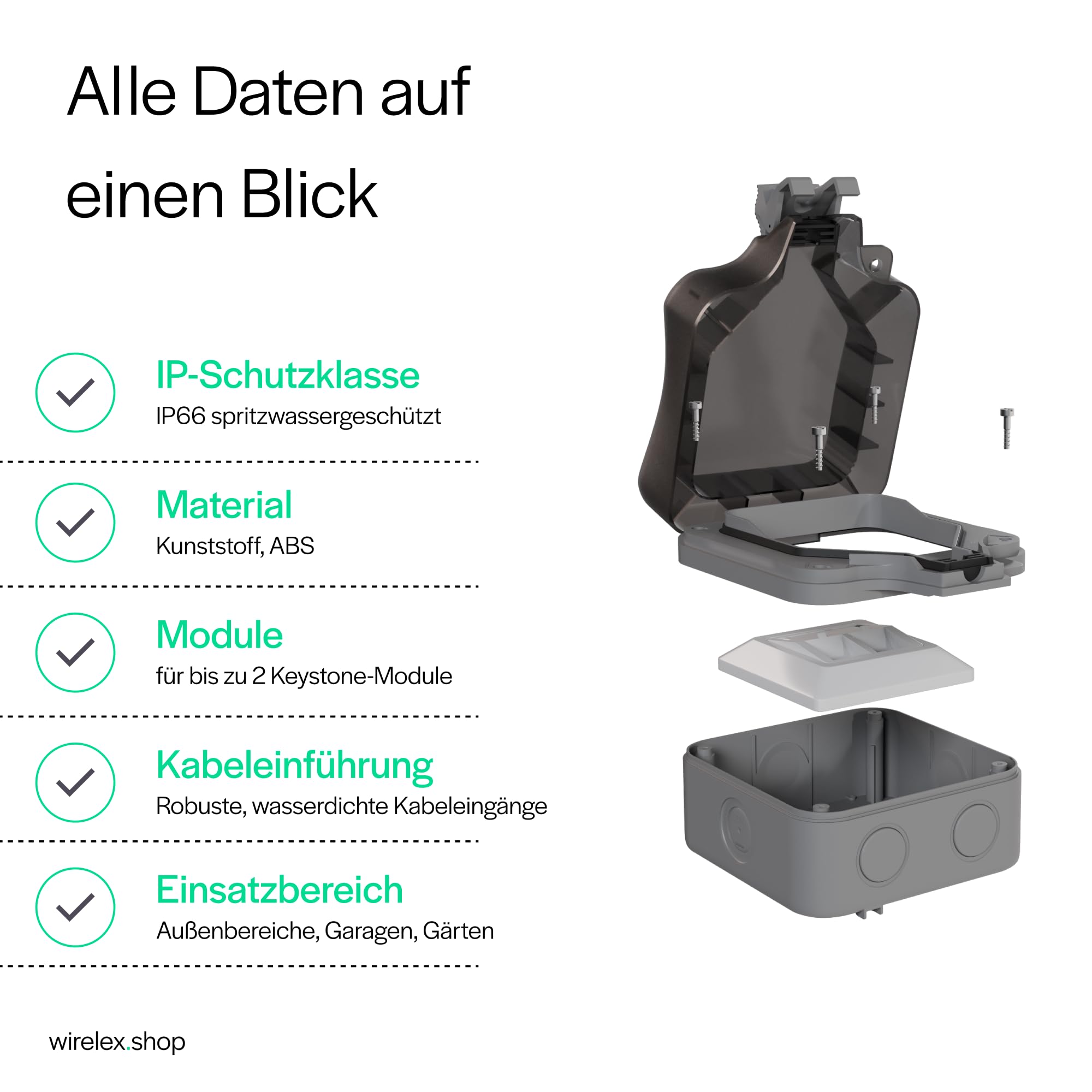 Outdoor Netzwerkdose Aufputzgehäuse für Keystones, IP66, wetterfest, ABS-Kunststoff, Quick Release, inkl. Montagematerial, vielseitige Kabeleingänge