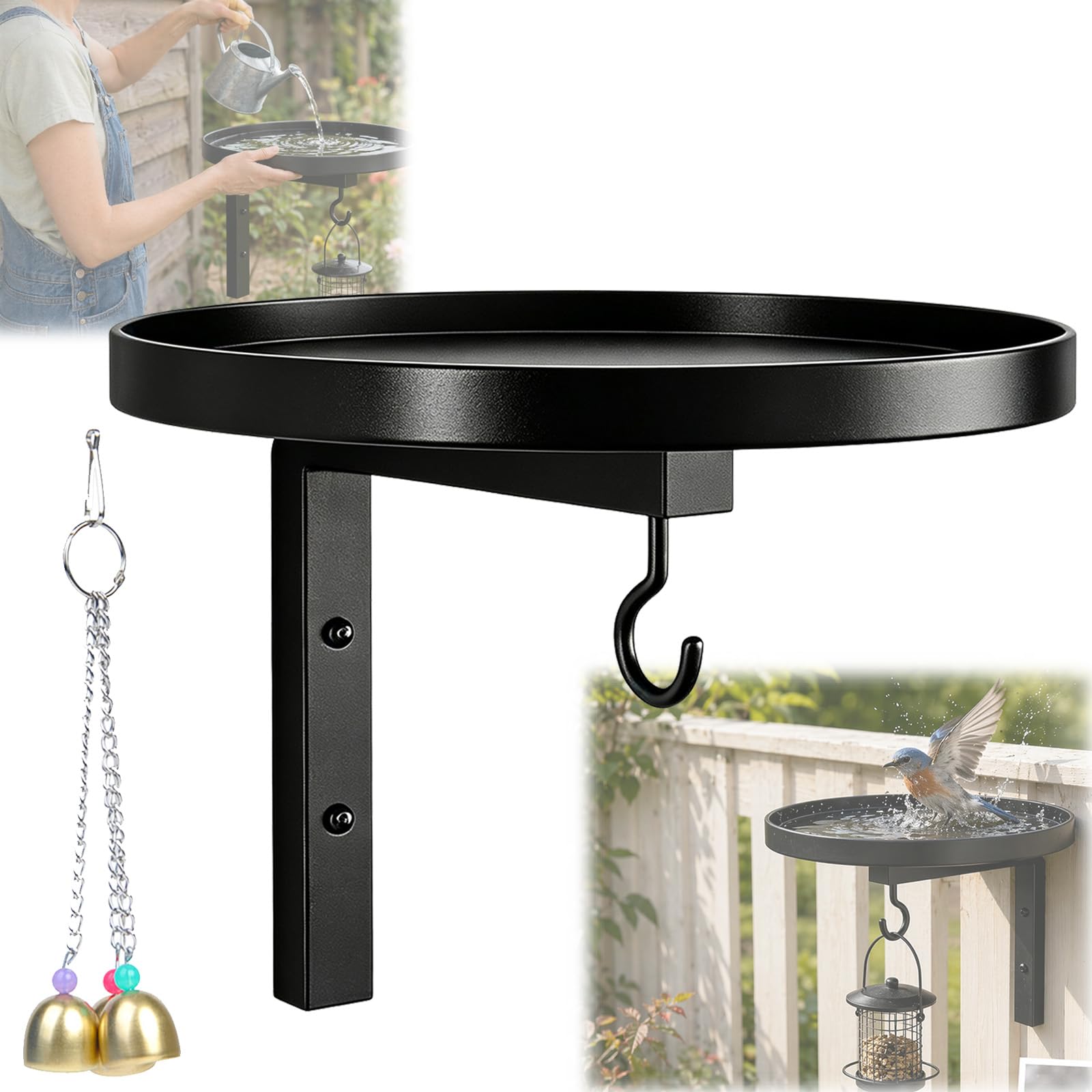 Wall-Mounted Metal Bird Bath Basin –Antique Bronze Finish with Hooks (1pc)