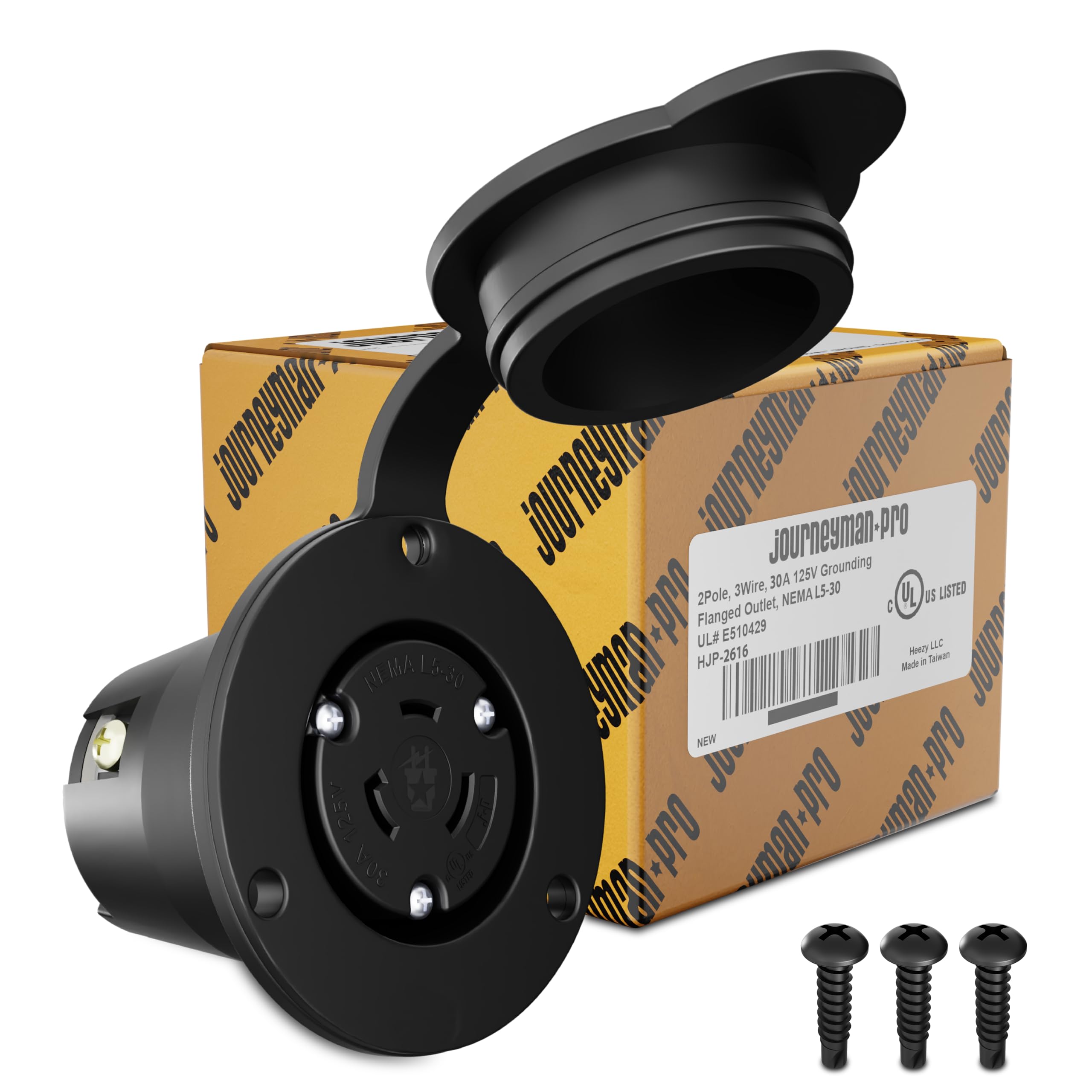 Journeyman-Pro HJP-2616, NEMA L5-30R Flanged Outlet, 30 AMP 110/125 Volt, Locking Receptacle Socket, Black Industrial Grade, Grounding 3750 Watts (w/