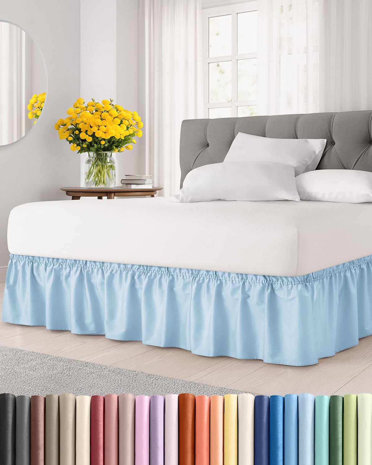 Wrap Around Dust Ruffle Bed Skirt - Light Blue - for Queen Size Beds with 15 Inch Drop - Elastic Strap - Adjustable Pleated Bedskirt with Brushed