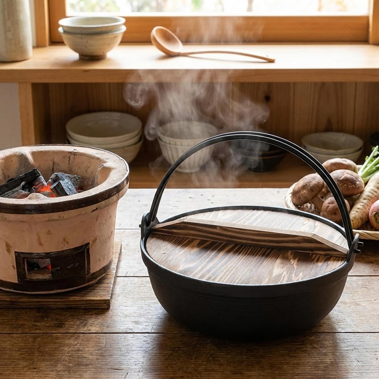Amazon | 鋳鉄鍋 天然木蓋付き 敷板付き ガス火対応 すき焼き鍋 寄せ鍋