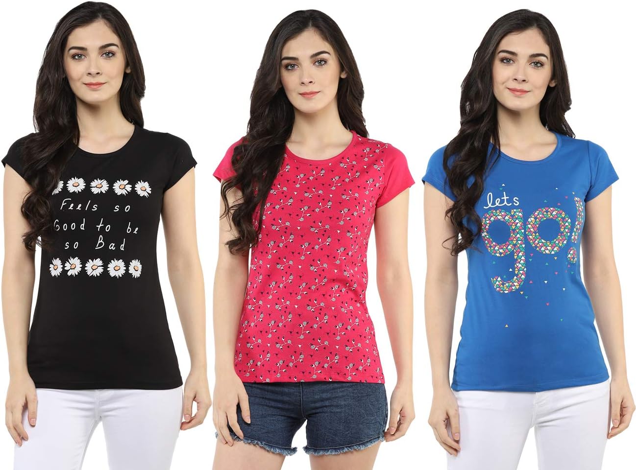 Modeve ® Women Printed Cotton Blend Pack of 3 T-Shirt, Black, Magenta & Royal Blue_M