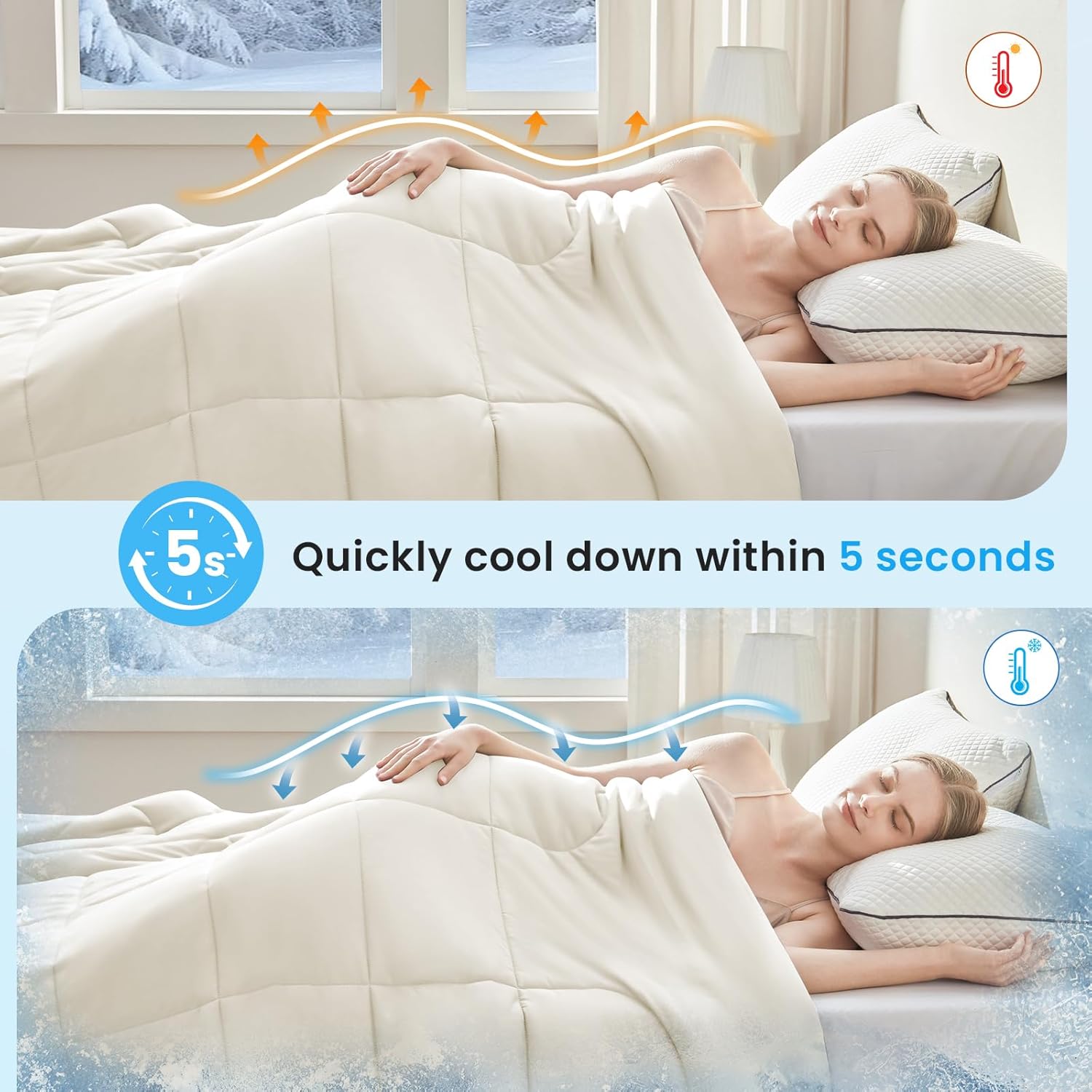 HYLEORY Cooling Comforter King Size - Summer Cooling Blanket for Hot Sleepers/Night Sweats, Double-Sided Cold Touch Silky Ice Comforters, Breathable Lightweight Beddings, Cool Cream, 108"x90"