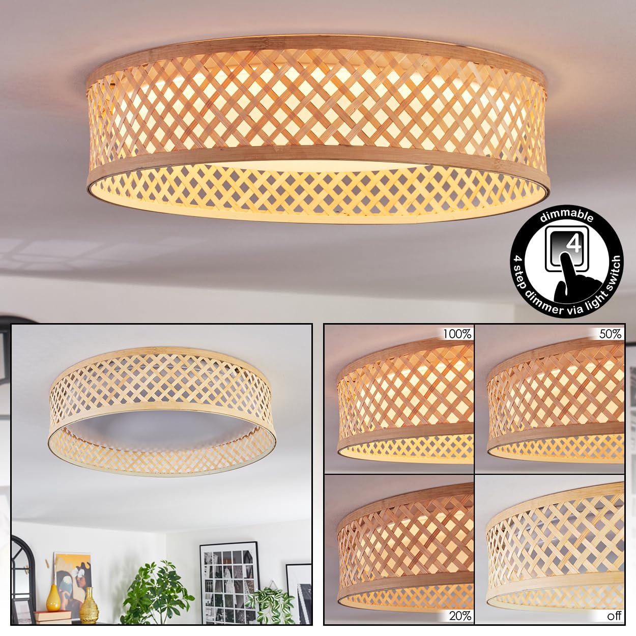 HOFSTEIN LED Ceiling Light Barroco, dimmable Ceiling Light Made of Metal/Bamboo/Plastic in White/Natural, Retro/Vintage/Boho Design, Memory Function, 24 watts, Dining, Living Room, Bedroom, Kitchen