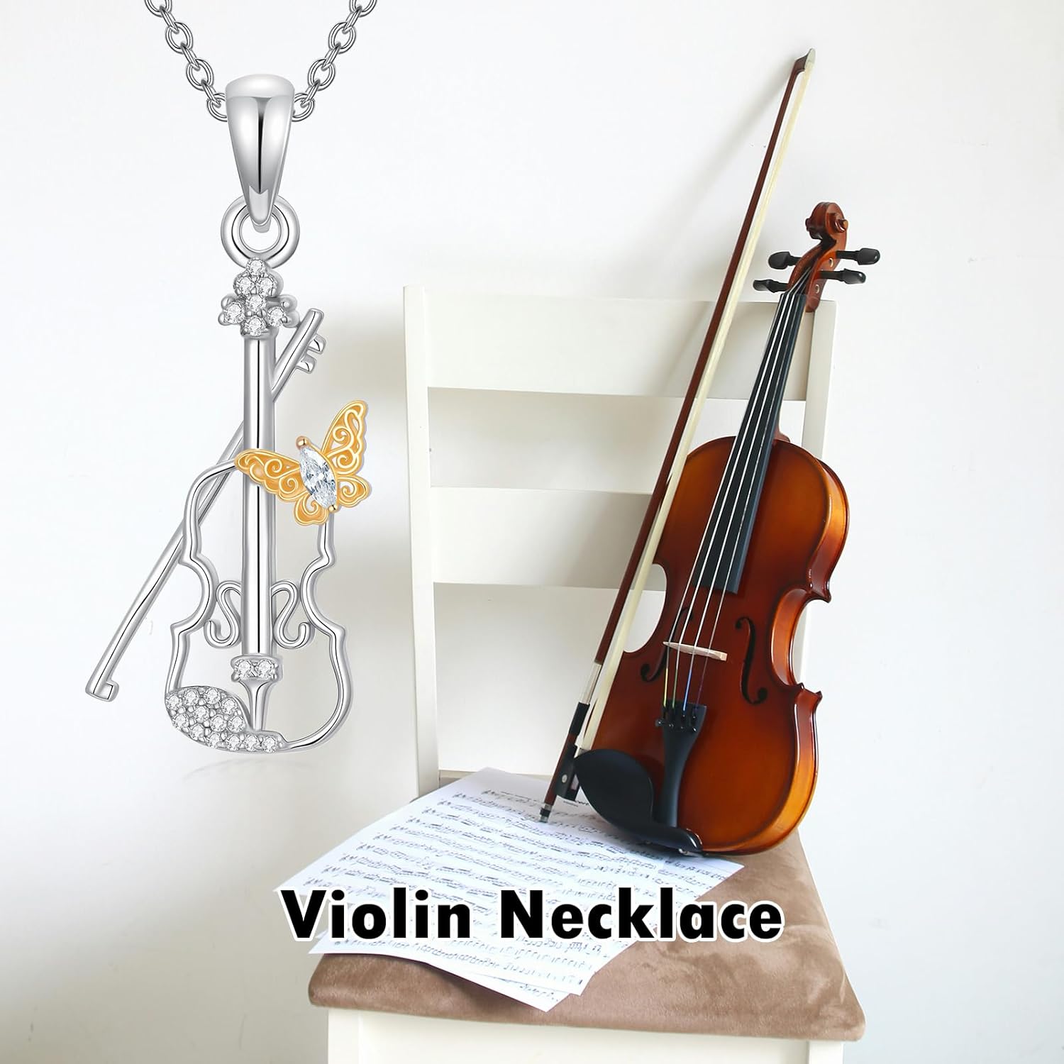 Violinist Necklace Sterling Silver Music Crystal Jewelry Saxophone Cello Violin Piano Flute Music Note Necklace Music Gifts for Women Girl Daughter - Image 6