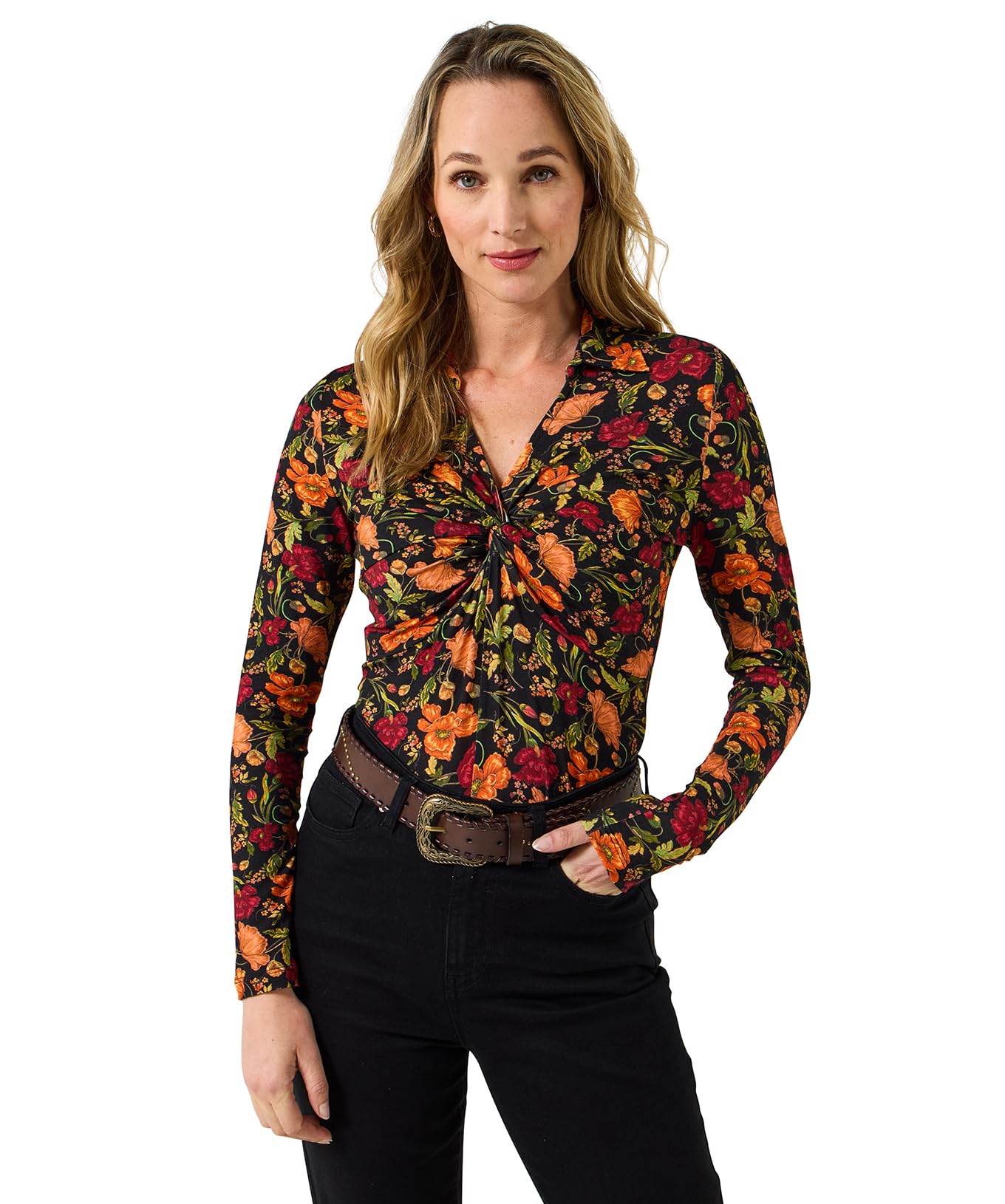 Joe Browns Women's Floral Twist-Front Collared Jersey Top Blouse, Orange, 18
