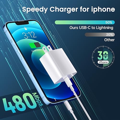 Miniatura 4 de Cargador para iPhone de carga rápida【Certificado MFi】Paquete de 20 cargadores de pared PD USB C de 20 W, adaptador de carga de 6 y 10 pies