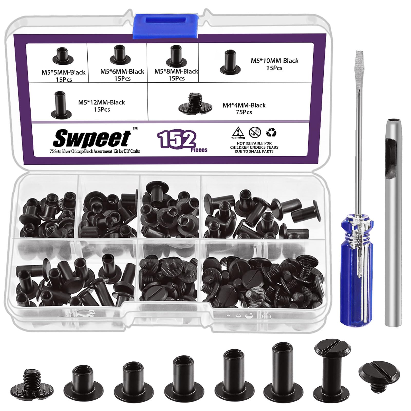 Swpeet 152Pcs M5x5mm, 6mm, 8mm, 10mm, 12mm Black Screws Leather Rivets Assorted with Hole Punch and Screwdriver, Round Flat Head Stud Screw for DIY Leather Craft and Bookbinding-image-26