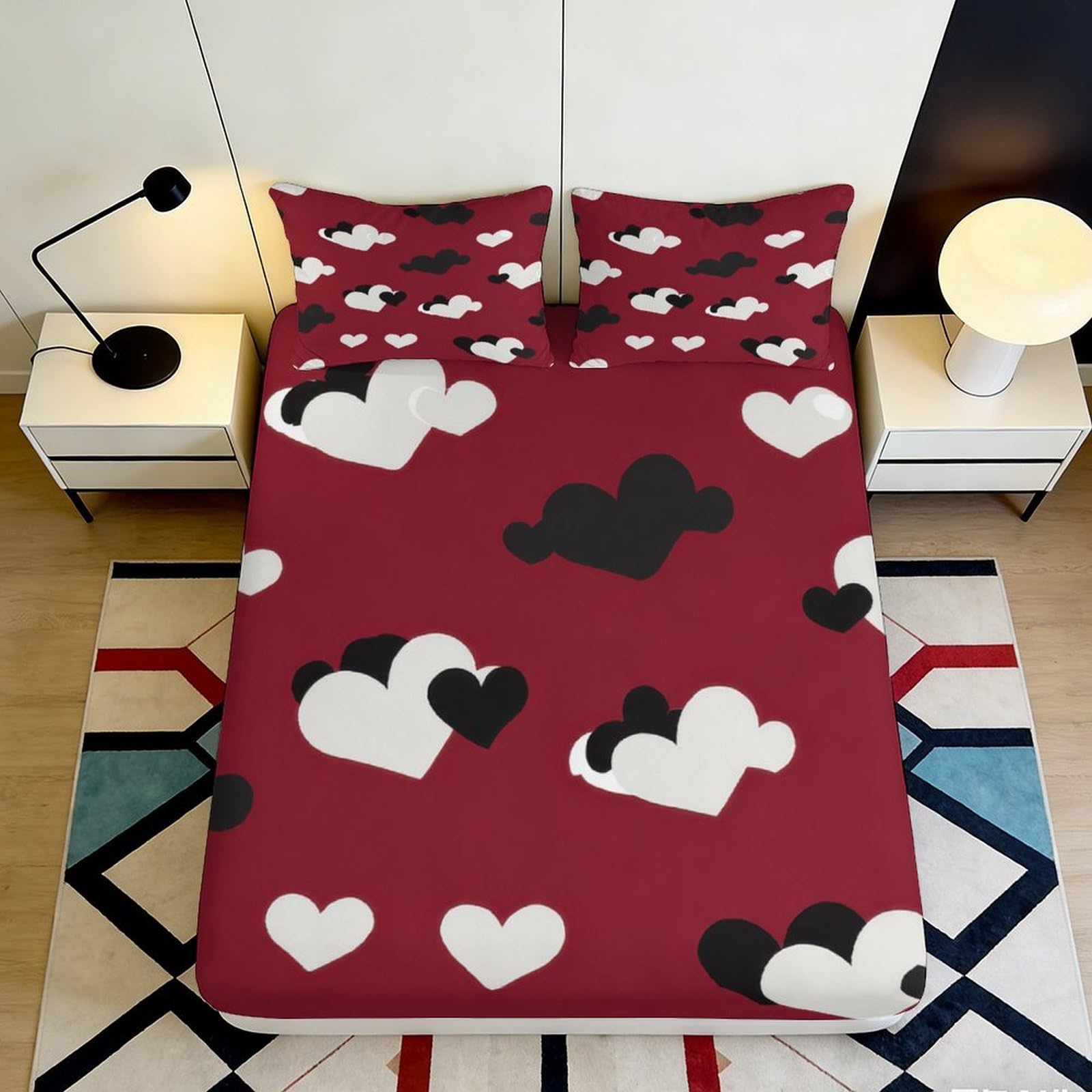 Jqzkxnhpbr Style-7 3D Printed Red Heart Pattern Fitted Sheet Microfiber Soft Black White Love Bed Cover For Bedroom Dorm Decor 90X200x25cm