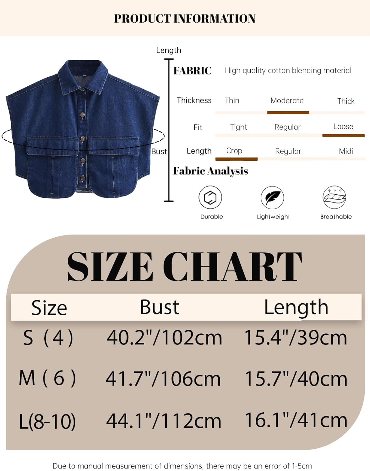 Womens Denim Cropped Button Down Shirt Collared Sleeveless Summer Loose Jean Crop Top with Pockets - Image 3