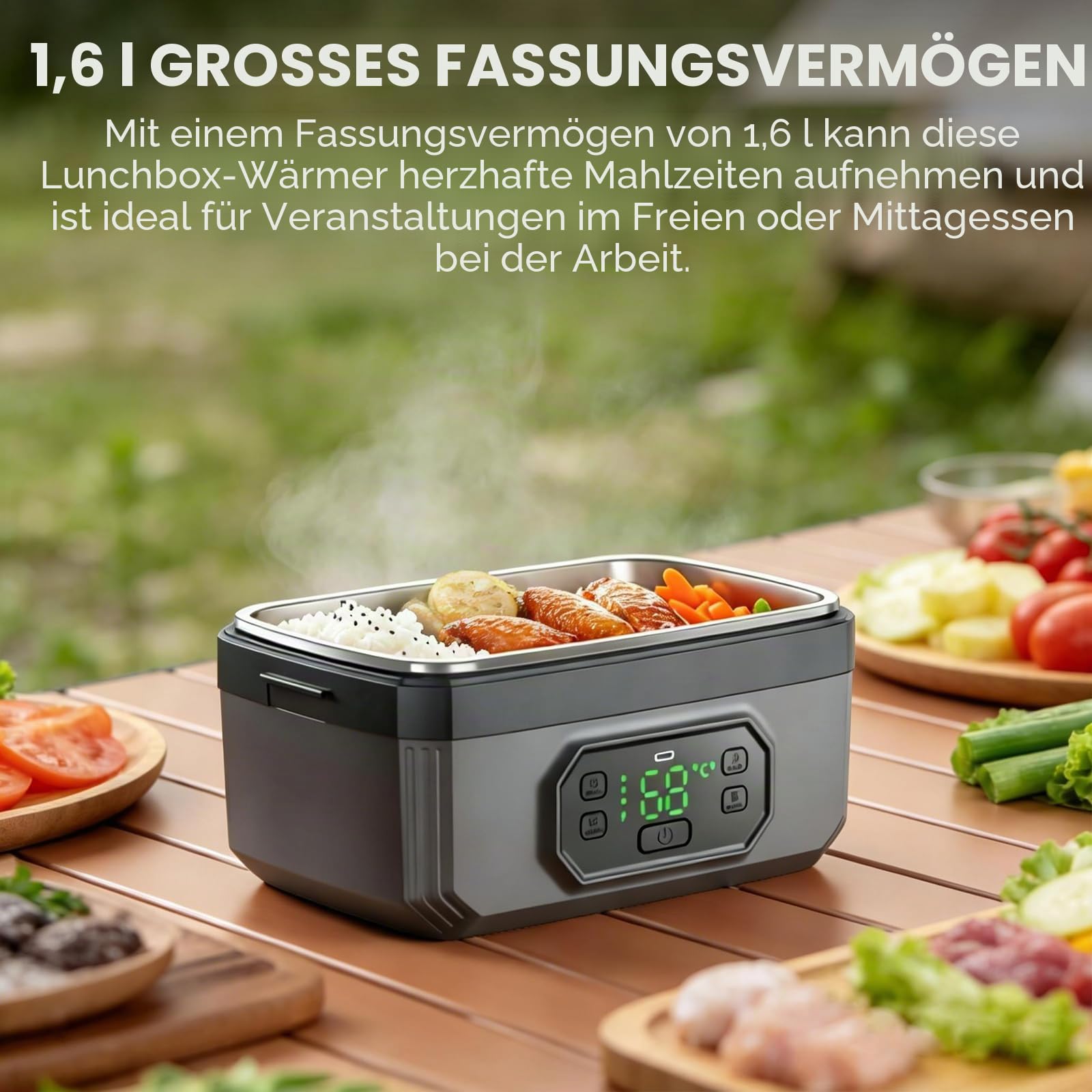 LIROPAU Elektrische Lunchbox, 1.6L Tragbare Elektrische Lunchbox | mit Timer und einstellbarer Heizfunktion, Electric Lunch Box für Arbeit Familie Camping Büro Auto Reisen Auf baustellen