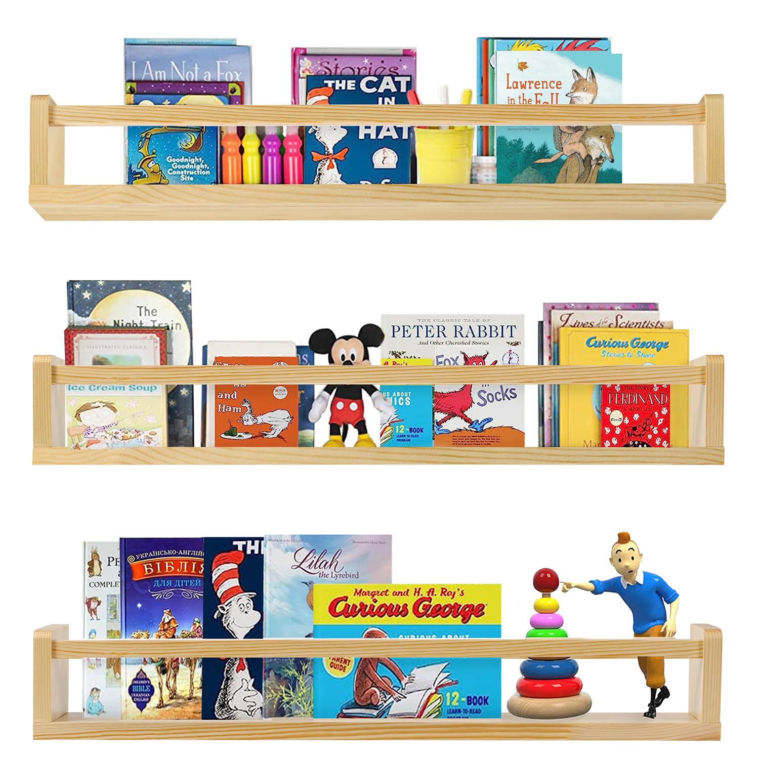 Hhyoisn 24 Inch Natural Wood Floating Nursery Book Shelves,Set of 3 Bookshelves Wall Mounted for Kids Room,Floating Nursery Book Shelves,Toys and Books Storage Organizer Bookshelves for Kids