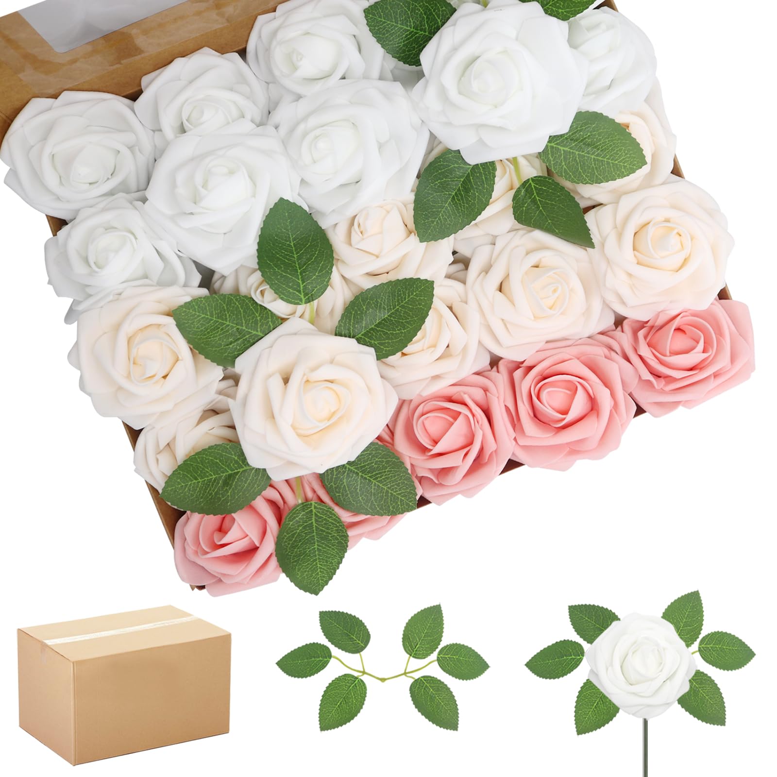 WANTMAZOR 200PCS Artificial Flowers Champagne Mixed Series Roses Real Looking Foam Fake Roses with Leaves for DIY Wedding Bouquets Bridal Shower