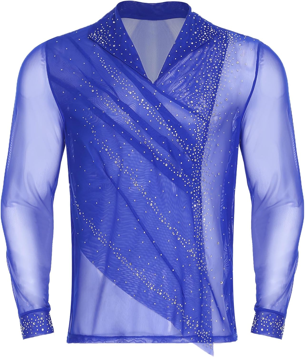 FEESHOW Men Figure Skating Sheer Mesh Tops Lapel V Neck Long Sleeve Pullover Top Gymnastics Ballet Shirts