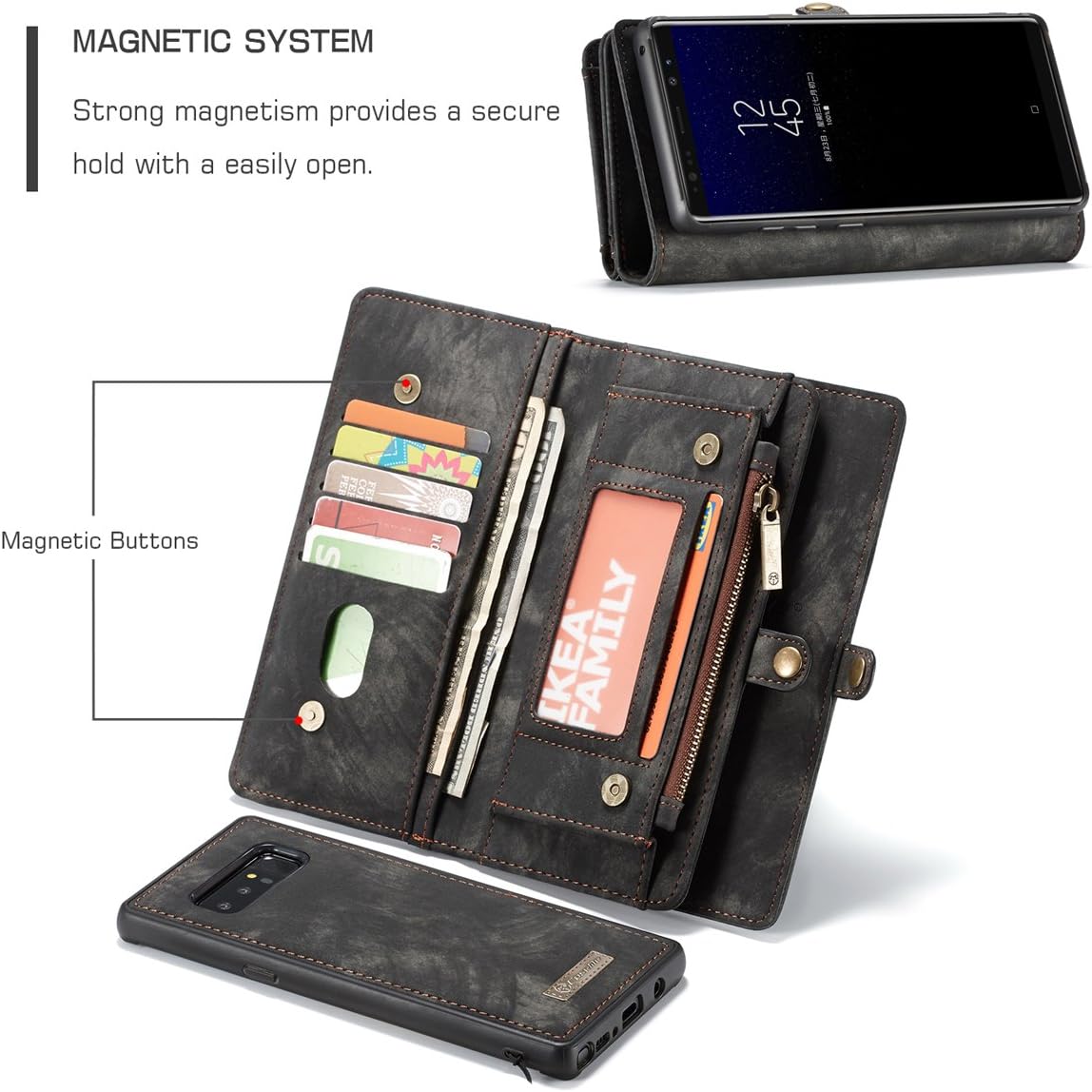 Galaxy Note 8 Case,AKHVRS Handmade Premium Cowhide Leather Wallet Case,Zipper Wallet Case [Magnetic Closure]Detachable Magnetic Case & Card Slots for Samsung Galaxy Note 8 - Black