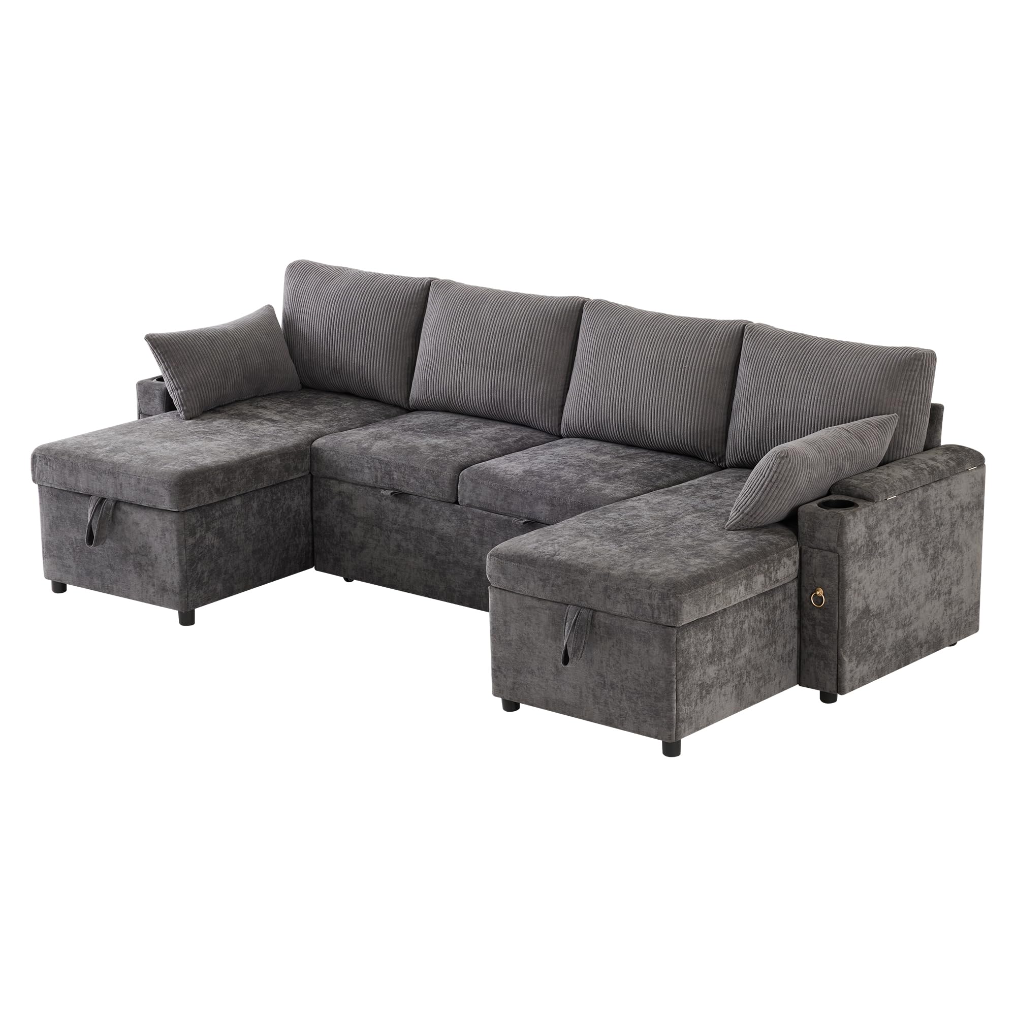 Kebnor Sofá cama de cuatro plazas en forma de U con soporte para bebidas, sofá de esquina con espacio de almacenamiento y función de descanso. Incluye soporte para bebidas y almohadas. Sofá