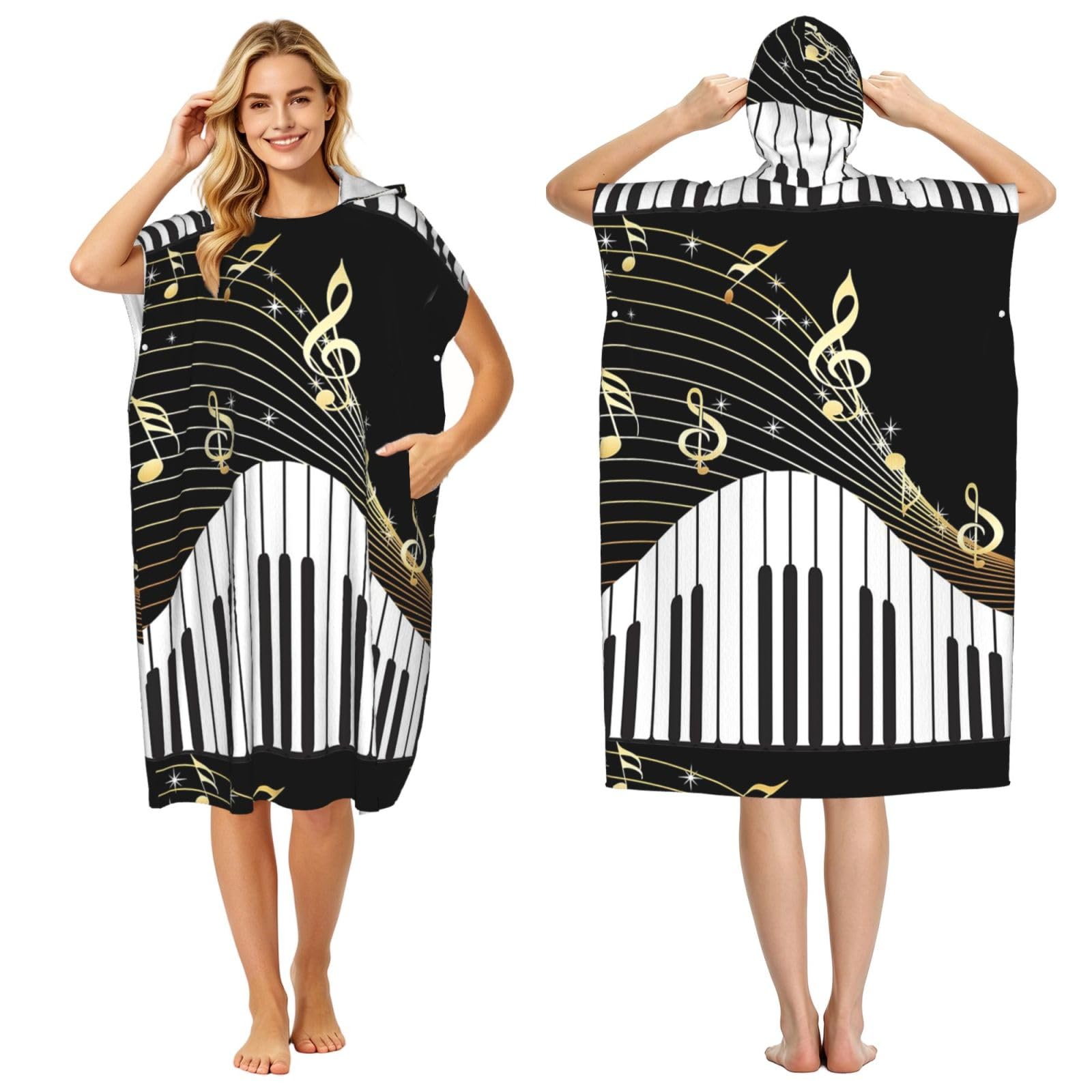 Poadnly Piano Keyboard Music Note, Adult Hooded Beach Towel 90 x 110 cm,Changing Bath Robe, Surf Poncho Towel For Women Men